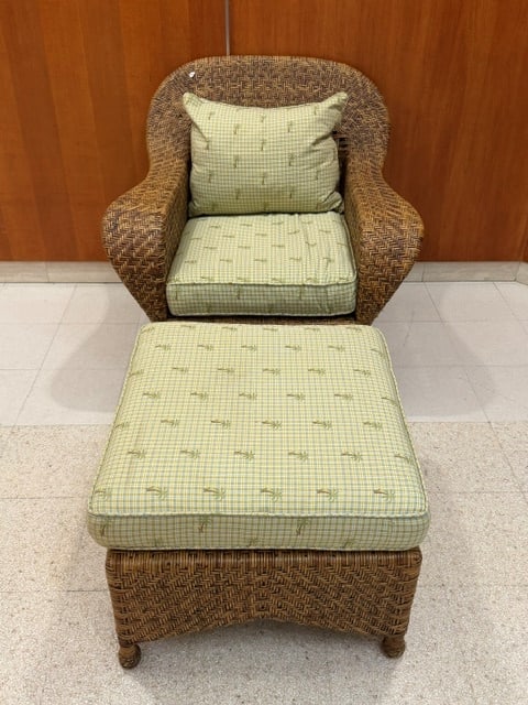 WOVEN NATURAL WICKER PORCH ARCHAIR WITH MATCHING RECTANGULAR OTTOMAN - .