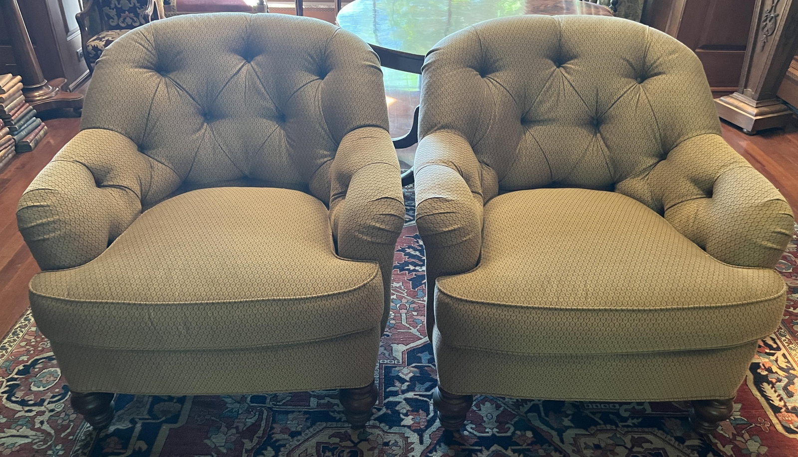 PAIR FREDERICK EDWARD BEIGE-PATTERNED FABRIC UPHOLSTERED CLUB CHAIRS - H: 34 IN; W: 35 IN; D: 39 IN. (1 of 6)