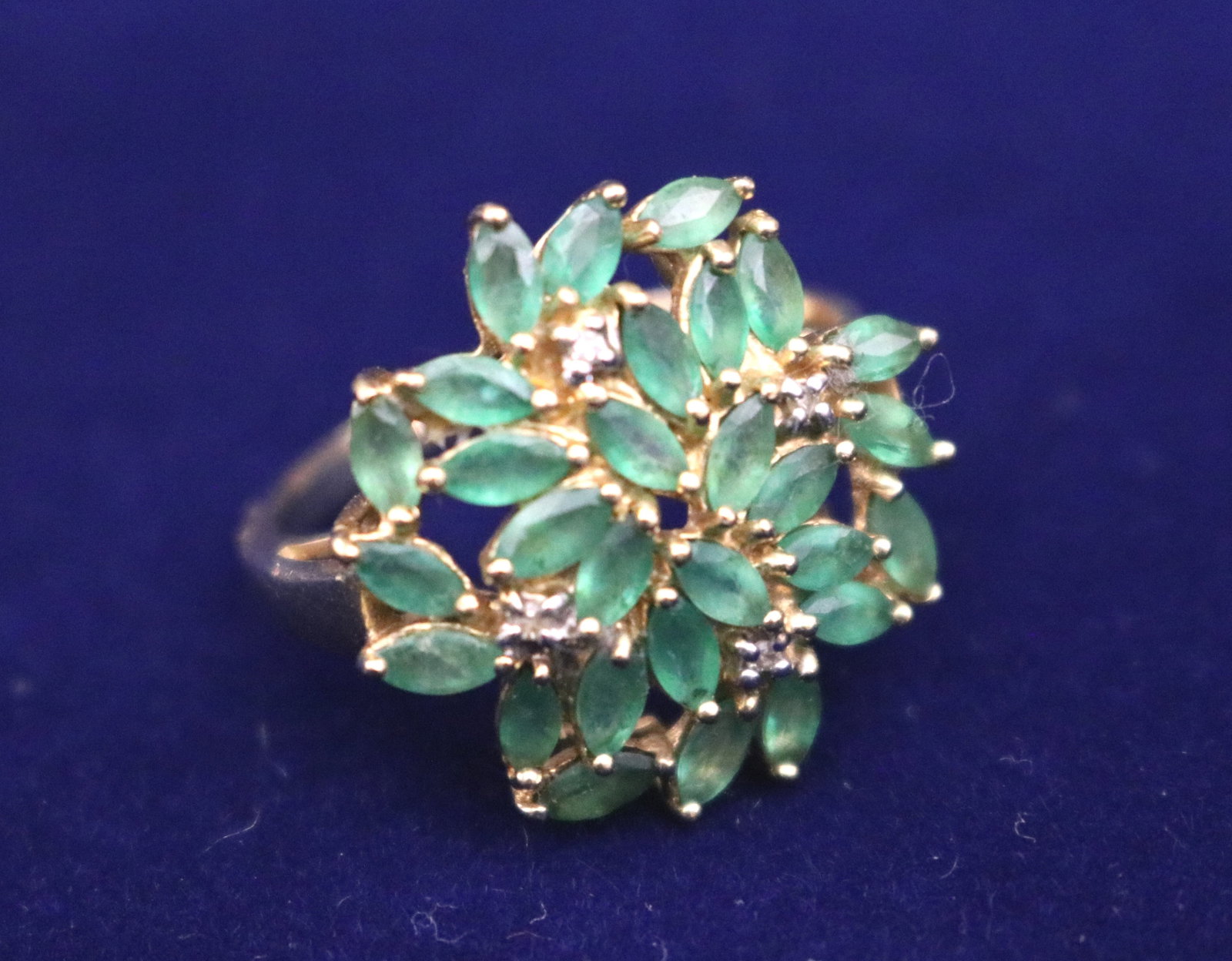 14K YELLOW GOLD, EMERALD AND DIAMOND LEAF CLUSTER-DESIGN RING - Ring size: 7. Gross wt. 3 dwt.. (1 of 20)