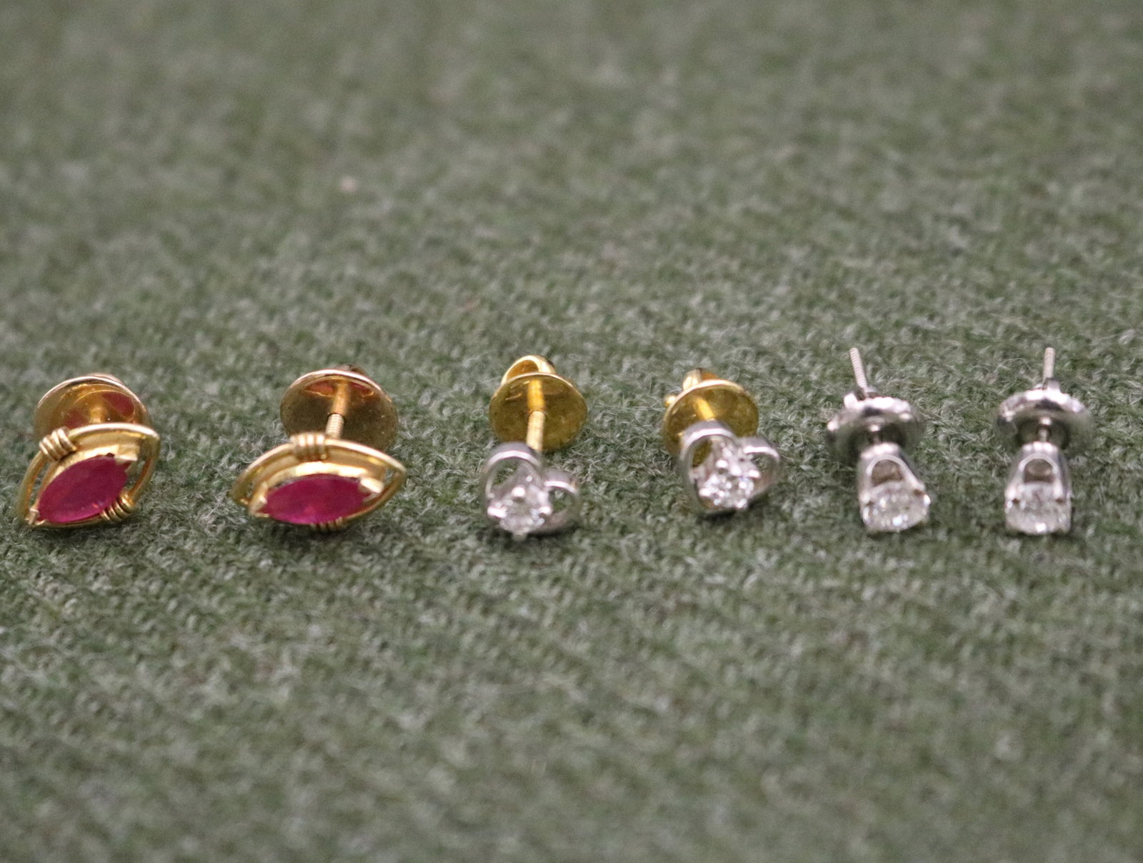 THREE PAIRS 14K GOLD-MOUNTED PRECIOUS GEMSTONE STUD EARRINGS - . (1 of 7)