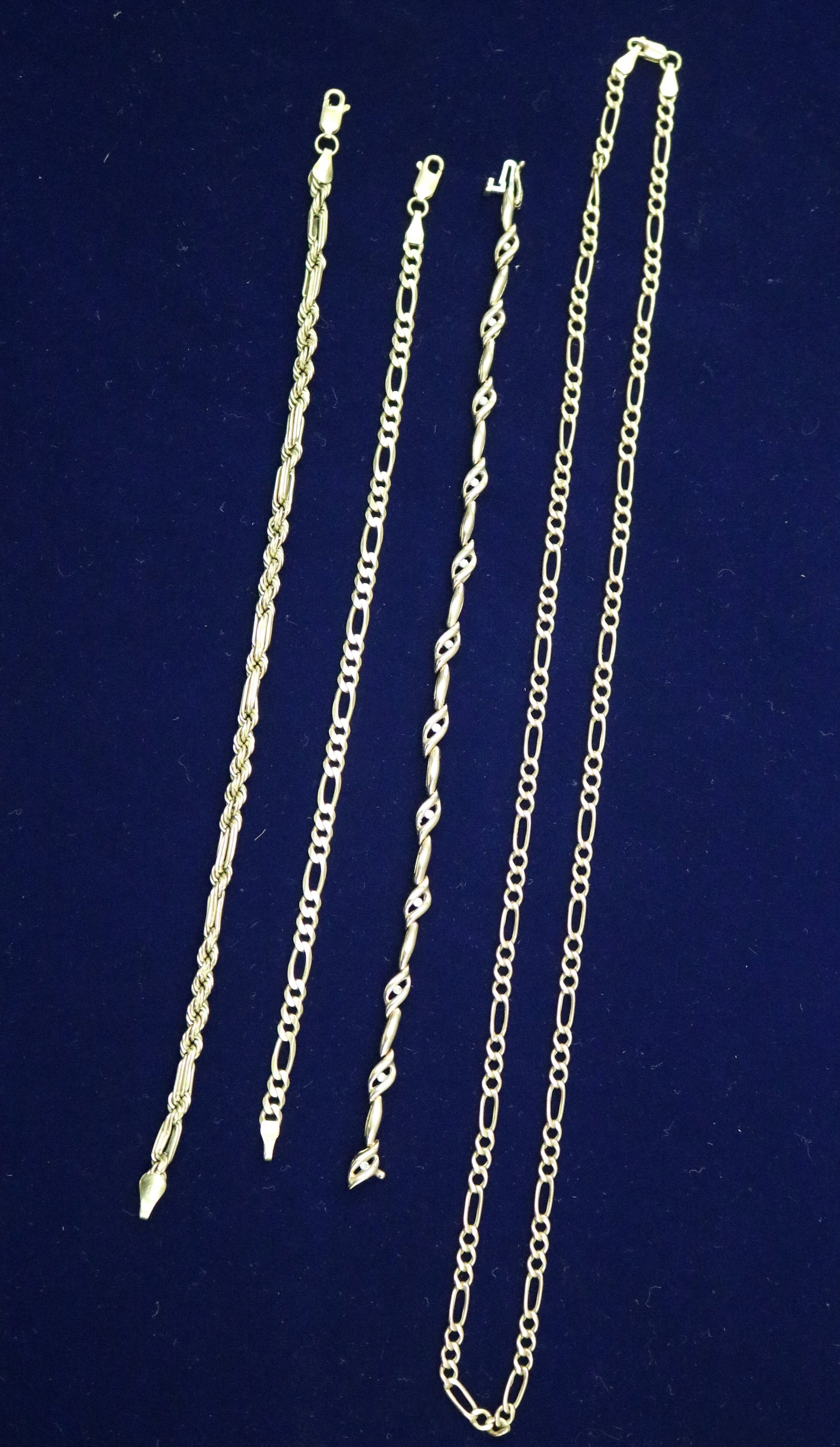 THREE ASSORTED YELLOW GOLD FLEXIBLE CHAIN BRACELETS AND ONE NECKLACE - Wt: 11 dwt..: THREE ASSORTED YELLOW GOLD FLEXIBLE CHAIN BRACELETS AND ONE NECKLACE Two 14K bracelets, and one 10K bracelet set with 12 round diamond accents; 14K necklace, L: 20". Wt: 11 dwt.