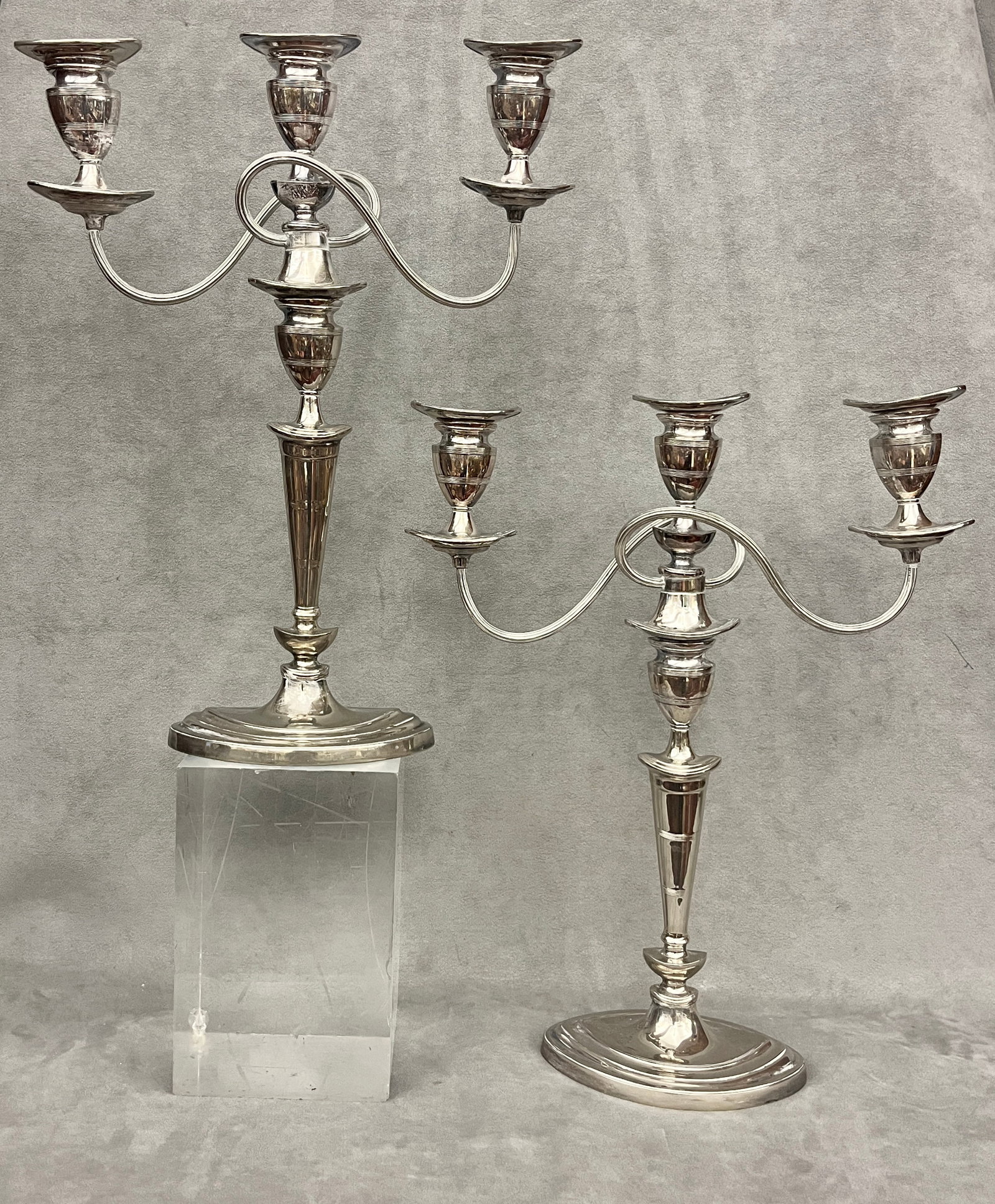 PAIR EDWARDIAN NEOCLASSICAL SILVER-PLATED THREE-LIGHT CANDELABRA CONVERTIBLE TO SINGLE CANDLESTICKS (1 of 7)