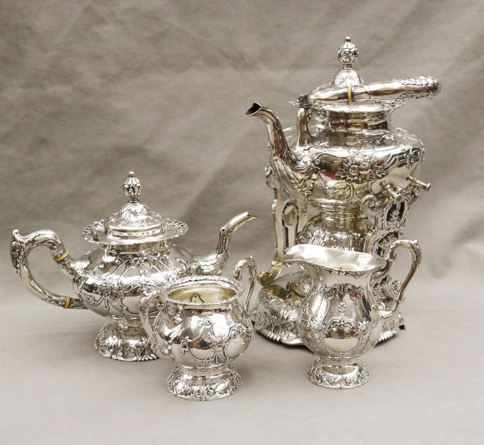 FOUR-PIECE EDWARDIAN STERLING SILVER TEA SET BY VAN BUREN CO. early 20th century - Kettle on stand, (1 of 7)