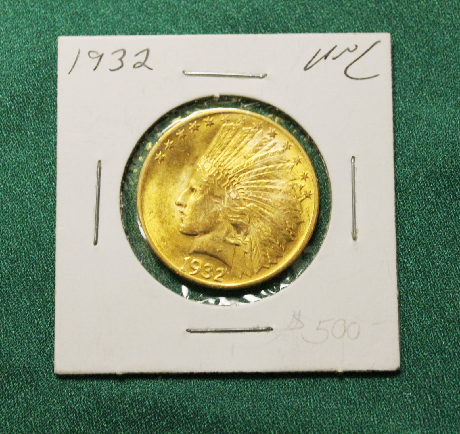 U.S. INDIAN HEAD TEN-DOLLAR GOLD COIN,1932 - .: U.S. INDIAN HEAD TEN-DOLLAR GOLD COIN,1932 Informally graded F-VF