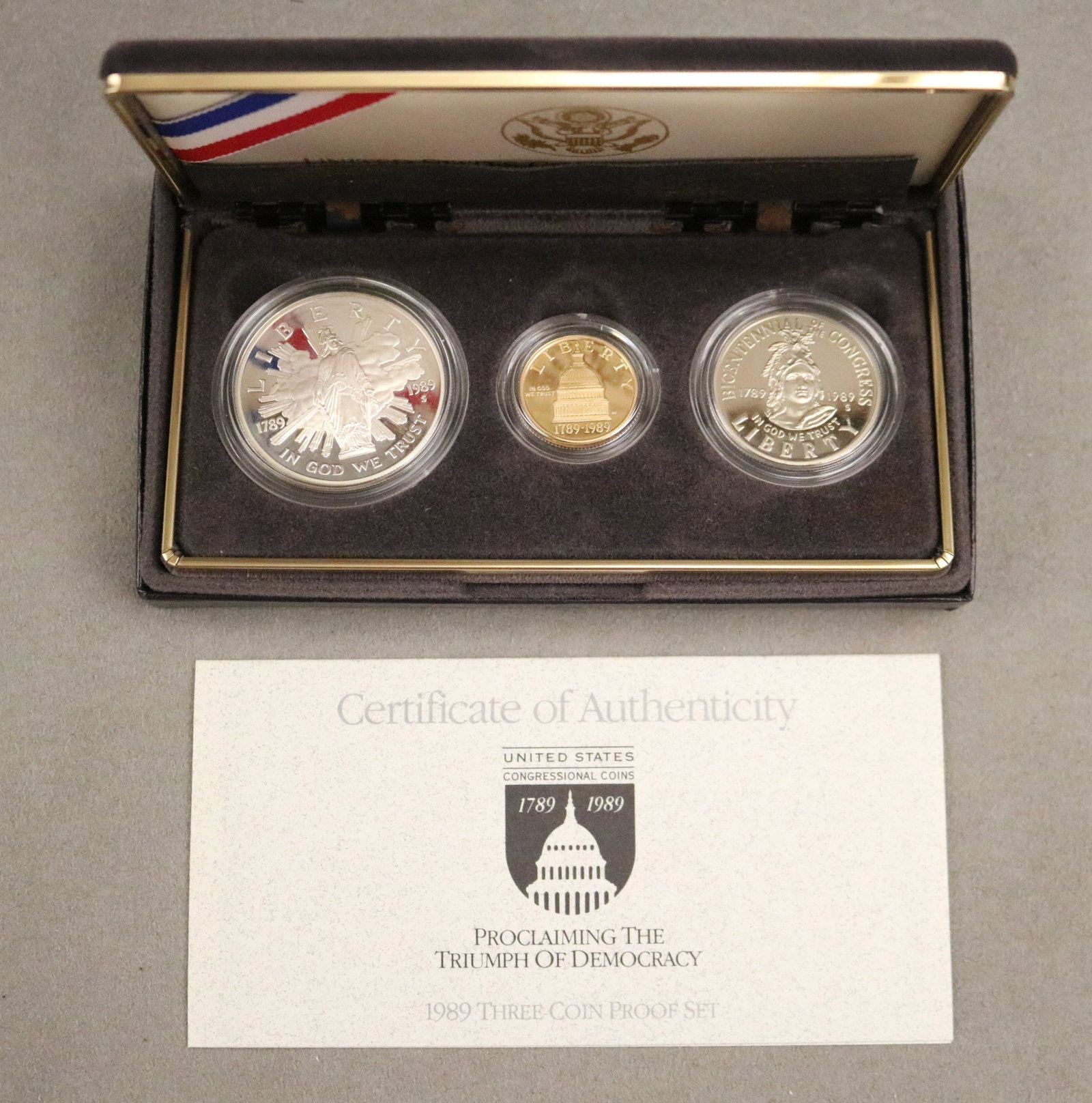 U.S. MINT CONGRESSIONAL COMMEMORATIVE SILVER AND GOLD PROOF THREE-COIN SET - .: U.S. MINT CONGRESSIONAL COMMEMORATIVE SILVER AND GOLD PROOF THREE-COIN SET Including silver dollar, silver half-dollar, and gold five-dollar coins