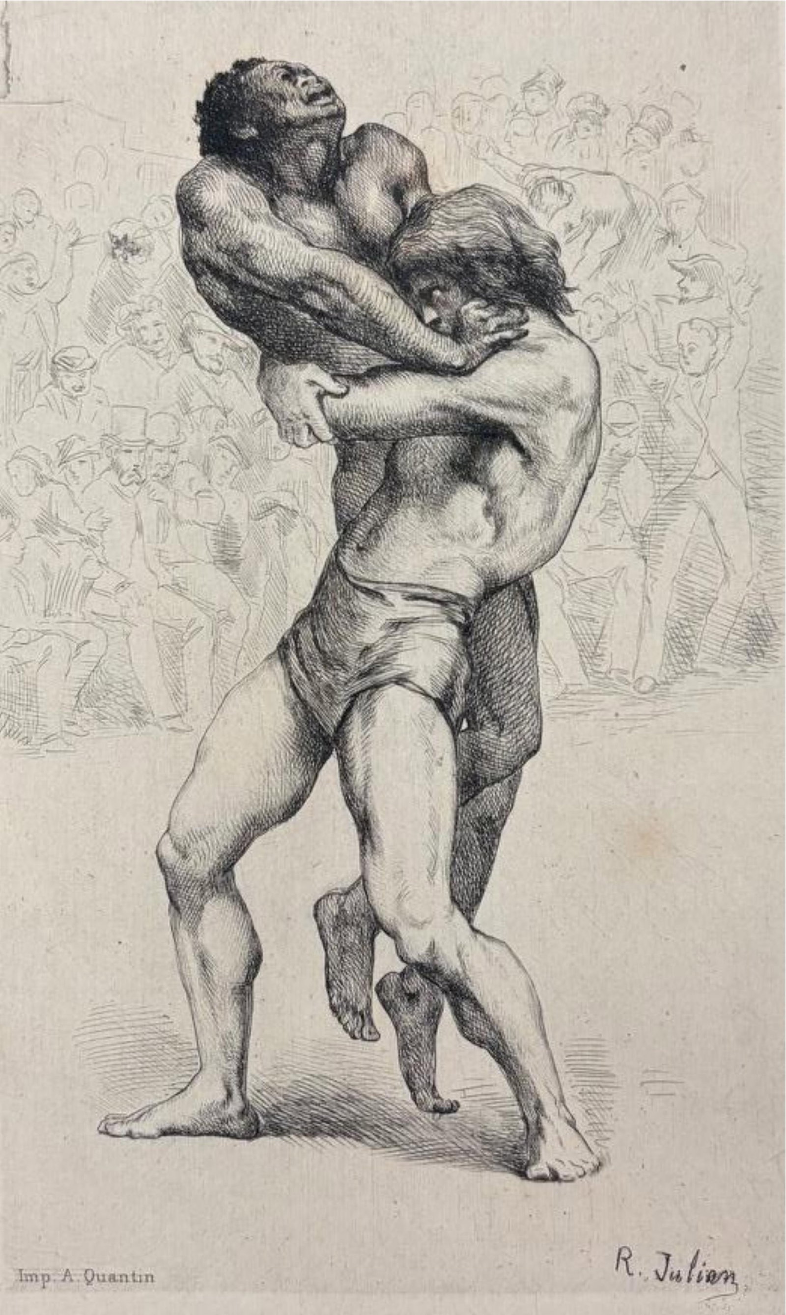 TWO MEN IN A WRESTLING MATCH, RODOLPHE JULIAN (1839 ? 1907) circa 1880 - 7 x 10 ?".: TWO MEN IN A WRESTLING MATCH, RODOLPHE JULIAN (1839 ? 1907) circa 1880 This is a powerfully rendered etching depicting two male figures locked in an intense wrestling bout. The composition focuses on 