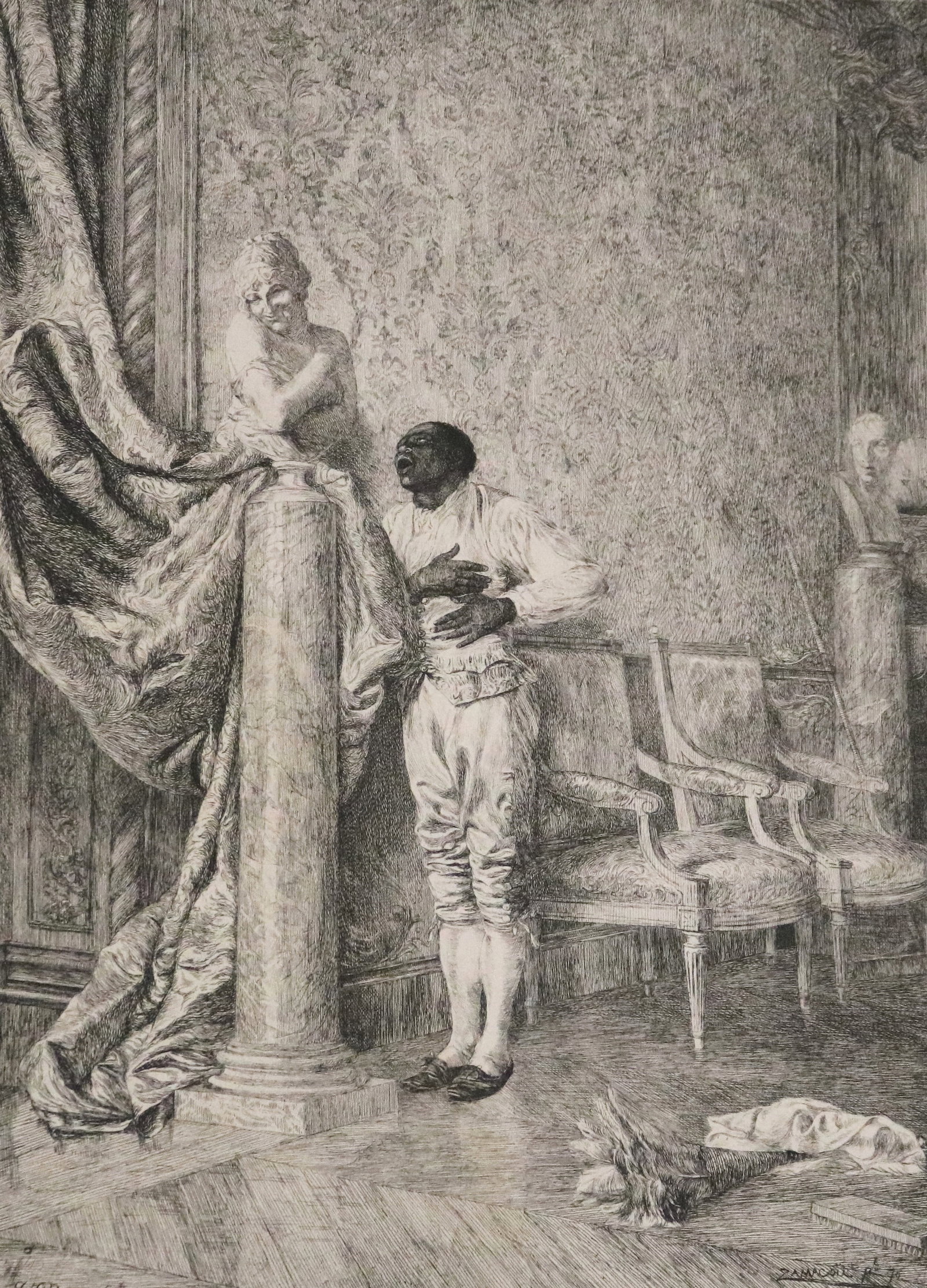 AN ELEGANT INTERIOR SCENE: ETCHING AFTER ZAMACOIS - Image: 12 x 9 inches; sheet: 21 X 15.5 inches.: AN ELEGANT INTERIOR SCENE: ETCHING AFTER ZAMACOIS A finely detailed etching depicting an eighteenth-century-style interior, in which a liveried Black attendant stands beside a marble bust on a pedesta