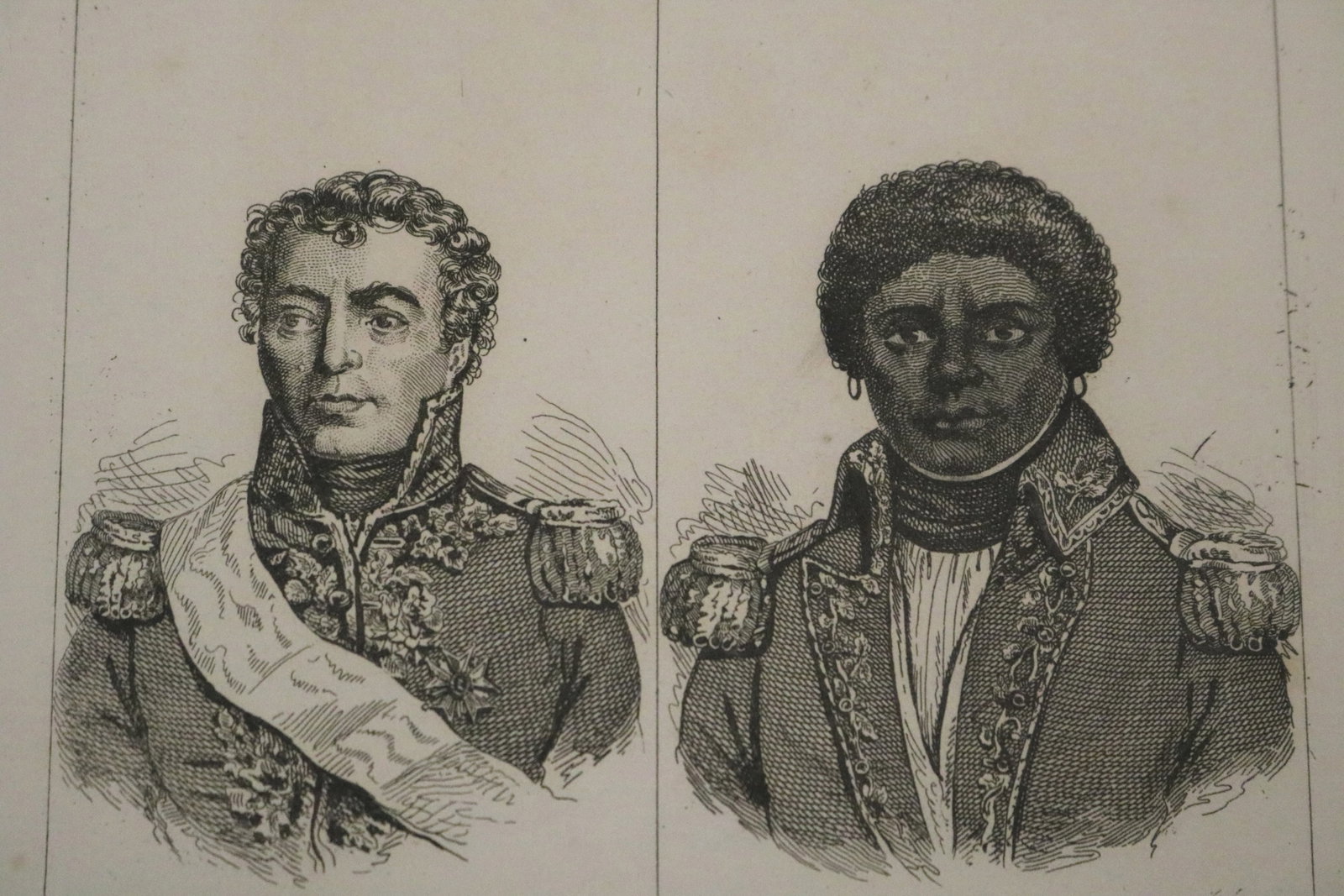 DESFOURNEAUX AND TOUSSAINT LOUVERTURE: A PAIRED PORTRAIT ENGRAVING - Image: 3.5 x 4.5 inches; sheet:: DESFOURNEAUX AND TOUSSAINT LOUVERTURE: A PAIRED PORTRAIT ENGRAVING A fine steel engraving presenting two facing bust-length portraits within a single frame, identified in printed captions as "Desfourn