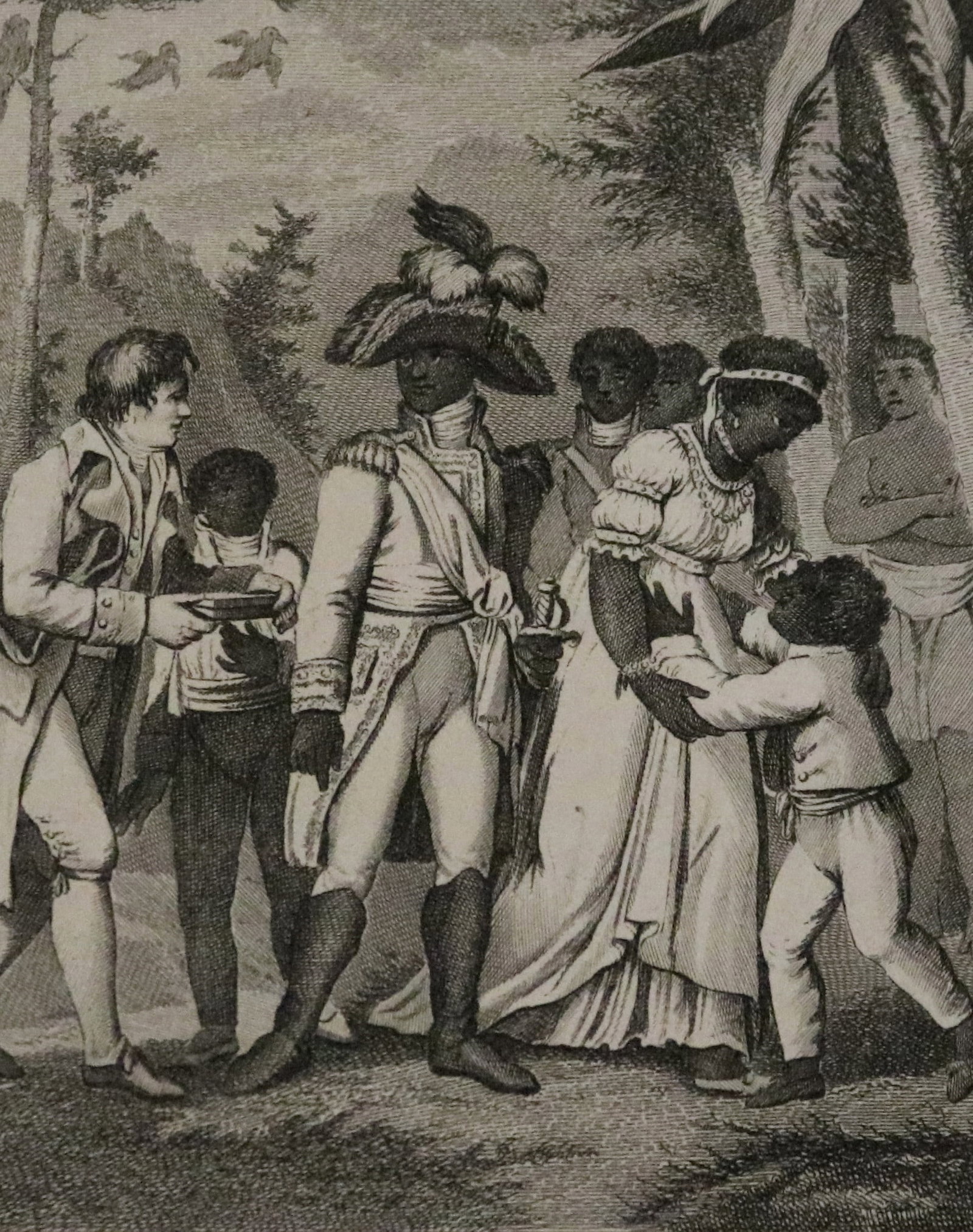 TOUSSAINT LOUVERTURE RECOIT UNE LETTRE DE BONAPARTE - image: 4.5 x 3 inches; sheet: 8 x 5.5 inches.: TOUSSAINT LOUVERTURE RECOIT UNE LETTRE DE BONAPARTE An early nineteenth-century engraving depicting a pivotal scene from the Haitian Revolution, in which Toussaint Louverture, shown in full military d