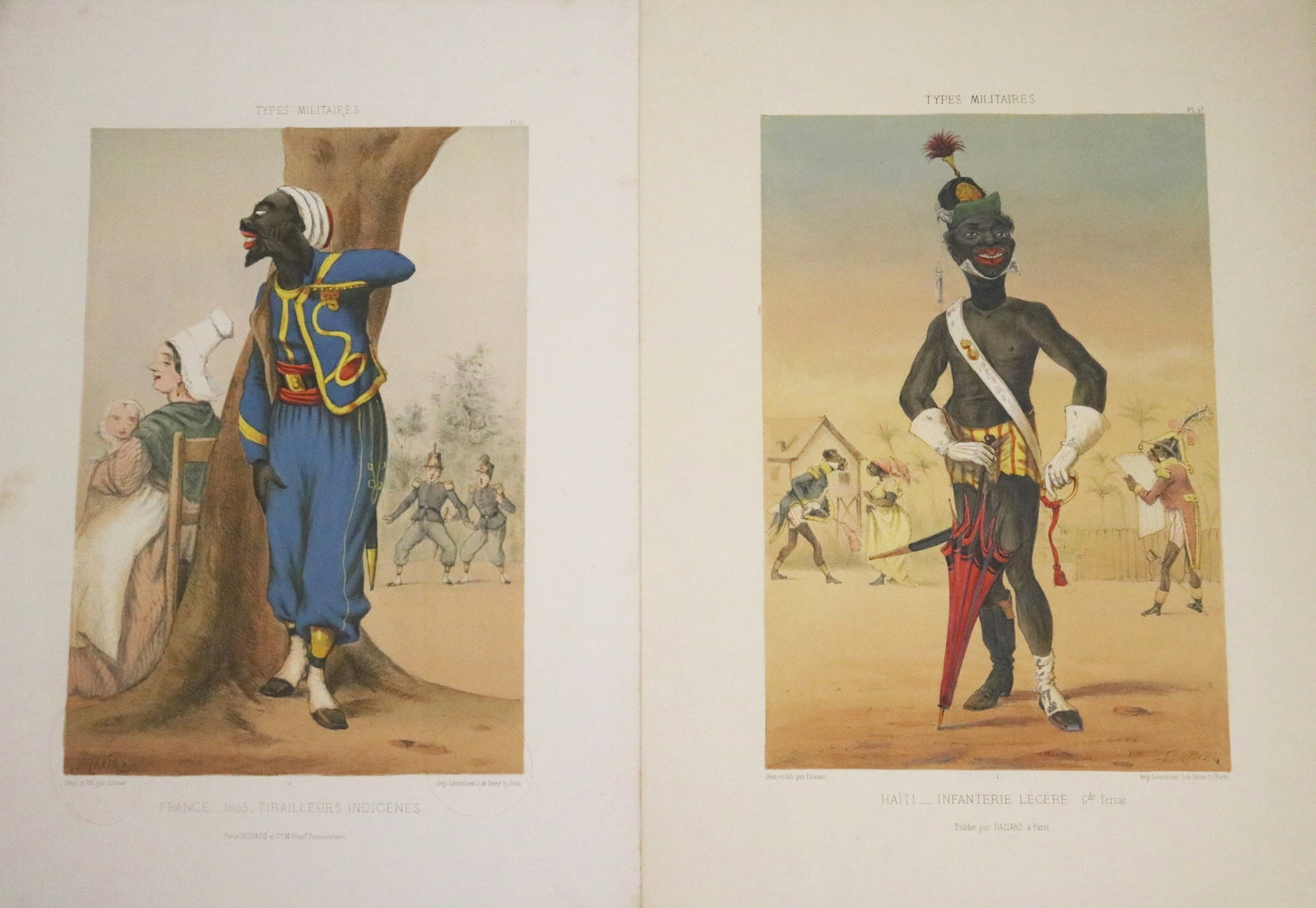 TYPES MILITAIRES: FRANCE: TIRAILLEURS INDIGENES, 1863 & HA?TI: INFANTERIE LEGERE, GRANDE TENUE -: TYPES MILITAIRES: FRANCE: TIRAILLEURS INDIGENES, 1863 & HA?TI: INFANTERIE LEGERE, GRANDE TENUE A pair of hand-colored lithographs by Draner (Jules Renard), drawn and printed by Imp. Lemercier, r. de S