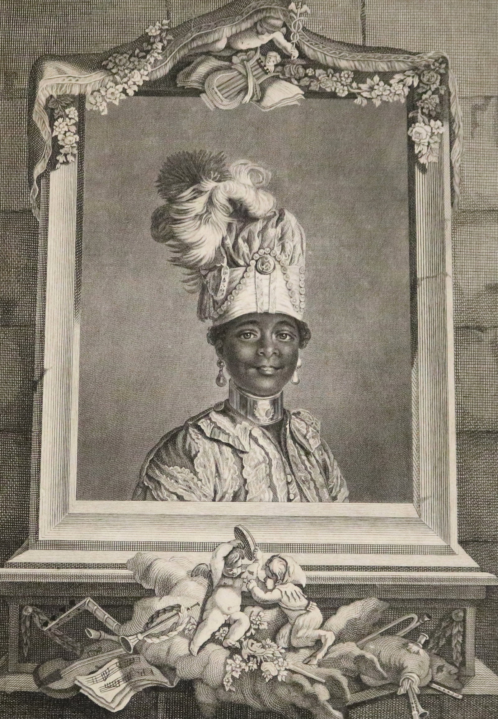 NARCISSE, PAGE NEGRE A MADAME LA DUCHESSE DE CHARTRES, - Sheet: 16.5 x 12 inches (engraved area).: NARCISSE, PAGE NEGRE A MADAME LA DUCHESSE DE CHARTRES A fine eighteenth-century line engraving portrait of Narcisse, the enslaved page (page negre) attached to the household of the duc d'Orl?ans, show