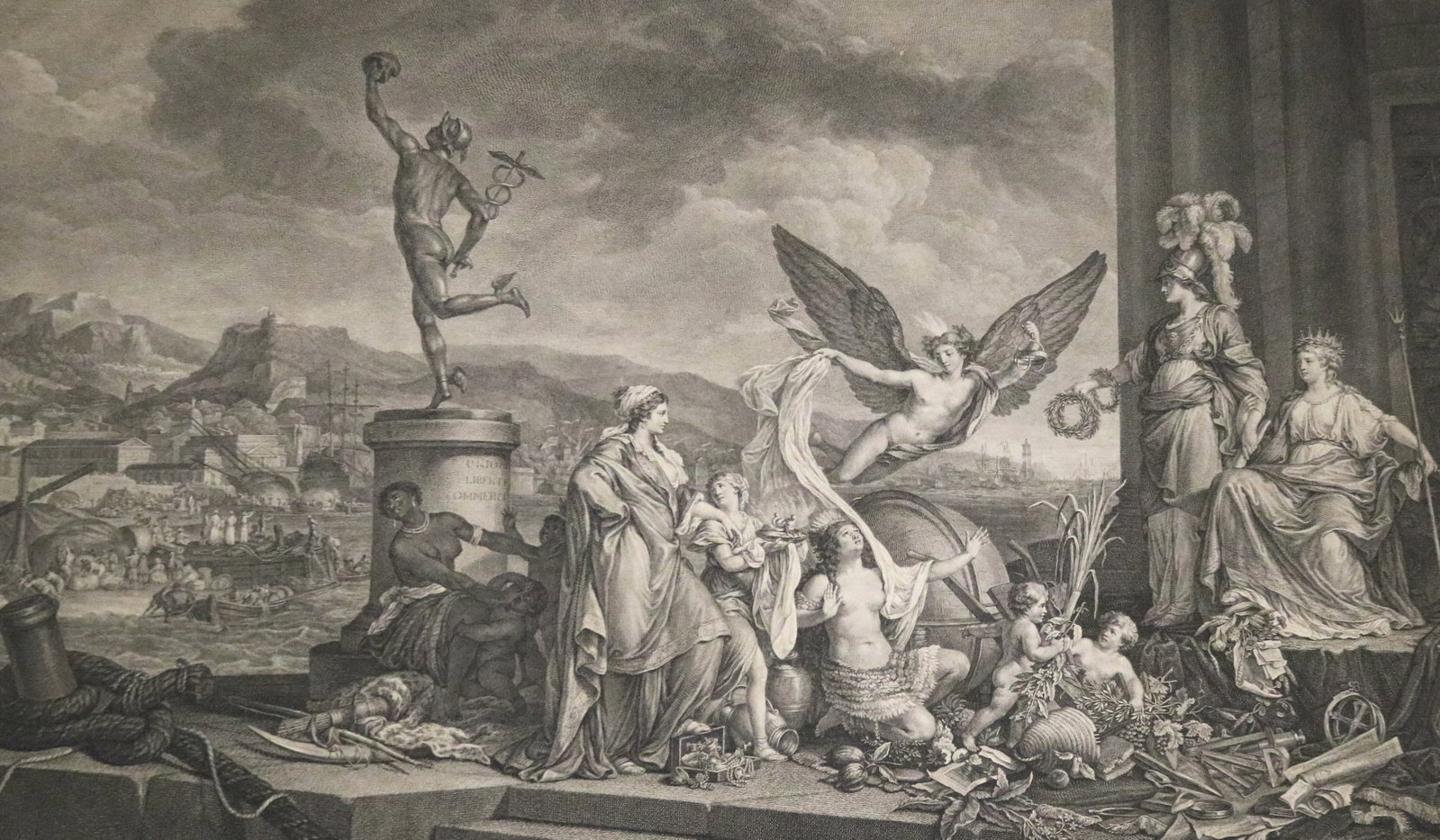 LE COMMERCE: AN ALLEGORICAL ENGRAVING AFTER CHARLES LEMOINE - Sheet: 20 x 28.5 inches.: LE COMMERCE: AN ALLEGORICAL ENGRAVING AFTER CHARLES LEMOINE A large and elaborate allegorical engraving titled "Le Commerce," engraved by J. Charles Levasseur after the 1791 painting by Charles Lemoin