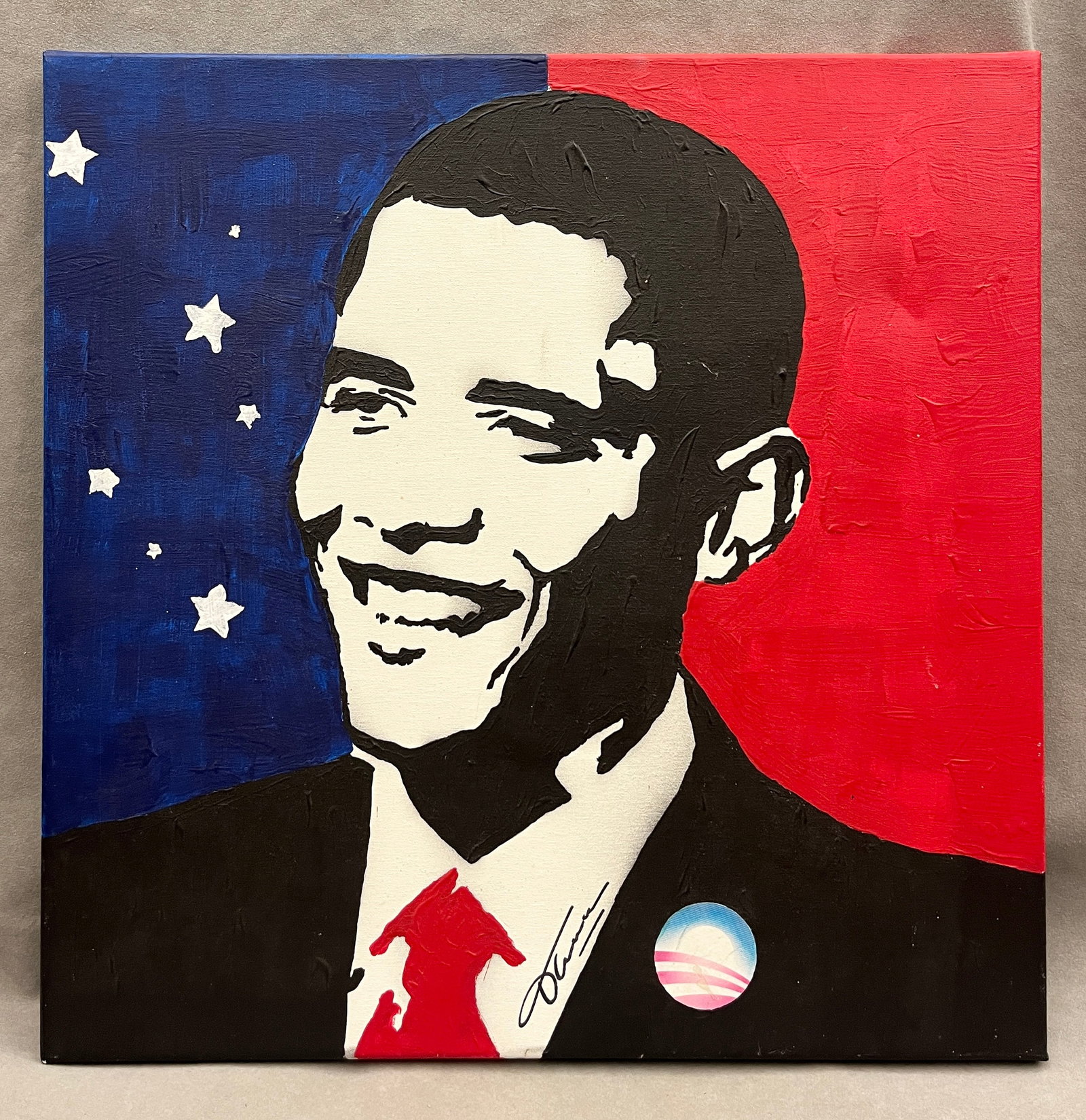 AMERICAN SCHOOL (20th century). Barack Obama Pop Art Stencil Portrait Painting, 2008, Acrylic on: AMERICAN SCHOOL 20th century Barack Obama Pop Art Stencil Portrait Painting, 2008 Acrylic on canvas Pop Art limited edition acrylic painting on stretched canvas. Executed in a graphic, high-contrast s