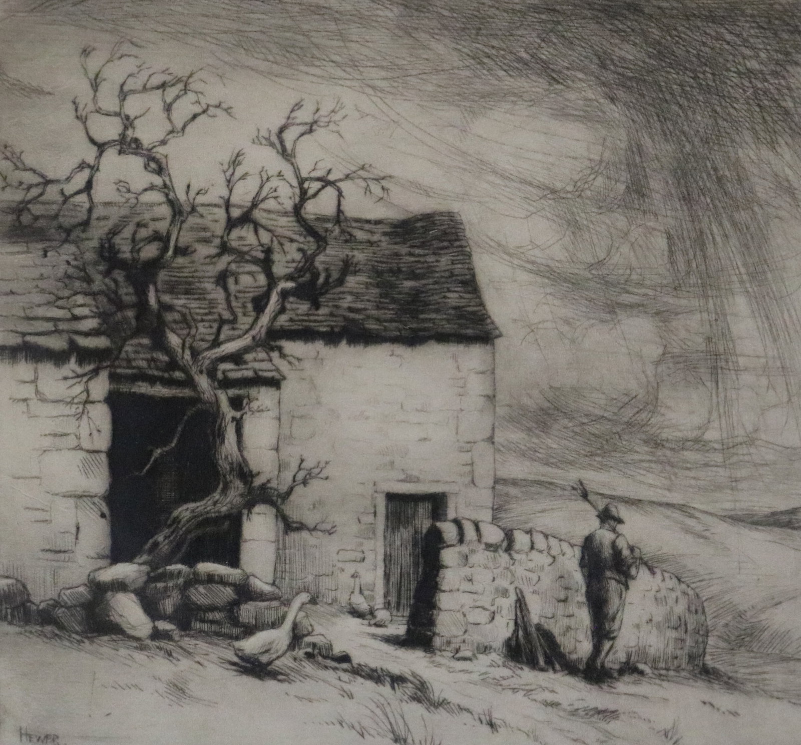 JOHN EDWARD UNDERDOWN HEWER (English, 1889-1955). T' gaunt thorn (Wuthering Heights), Drypoint on: JOHN EDWARD UNDERDOWN HEWER English, 1889-1955 T' gaunt thorn (Wuthering Heights) Drypoint on paper Artwork depicting a stone farmhouse on the moors, with a gnarled, leafless thorn tree twisting up be