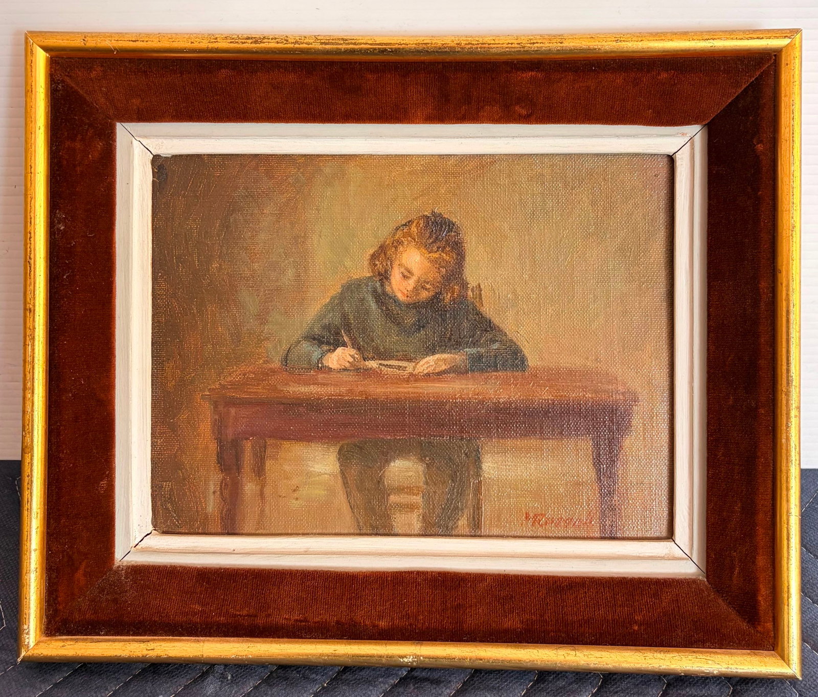 MARGOT RUSSELL (British, 1913 - 1988). George Doing Homework, oil on board, Measuring 7 x 9 inches;: MARGOT RUSSELL British, 1913 - 1988 George Doing Homework oil on board Signed and inscribed on the reverse; it depicts a young boy with auburn hair bent intently over a wooden table, pen in hand, abso
