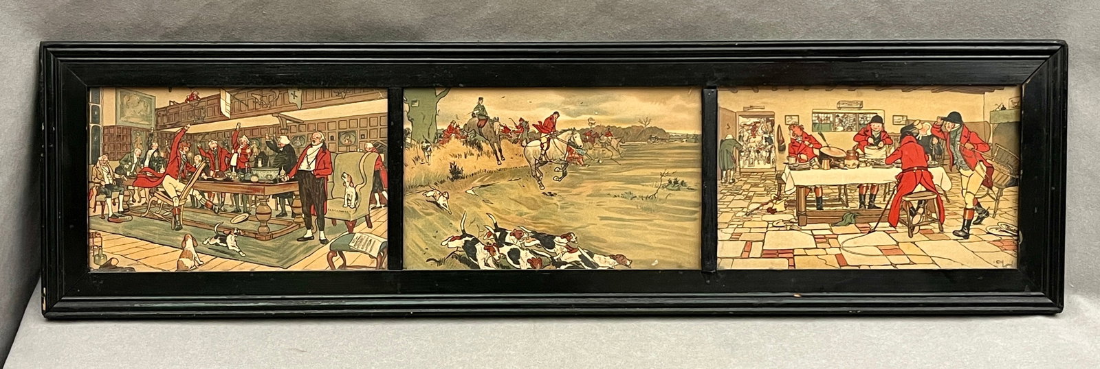 CECIL ALDIN (British, 1870-1935). Set of Three Cecil Aldin Equestrian & Tavern Prints in Panoramic: CECIL ALDIN British, 1870-1935 Set of Three Cecil Aldin Equestrian & Tavern Prints in Panoramic Frame Lithographs Framed three-panel triptych that features color lithographs depicting classic English 