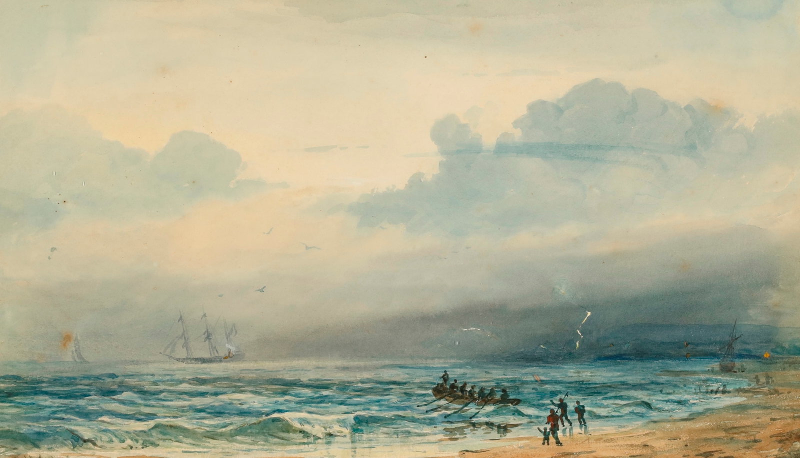 ENGLISH SCHOOL (late 19th century). Figures on a Stormy Shore, 1879, Watercolor, SIGHT (as mattted): ENGLISH SCHOOL late 19th century Figures on a Stormy Shore, 1879 Watercolor Signed ROBT GORDON ROE and dated 1879 lower left. A watercolor on paper depicting a dramatic coastal rescue scene with small