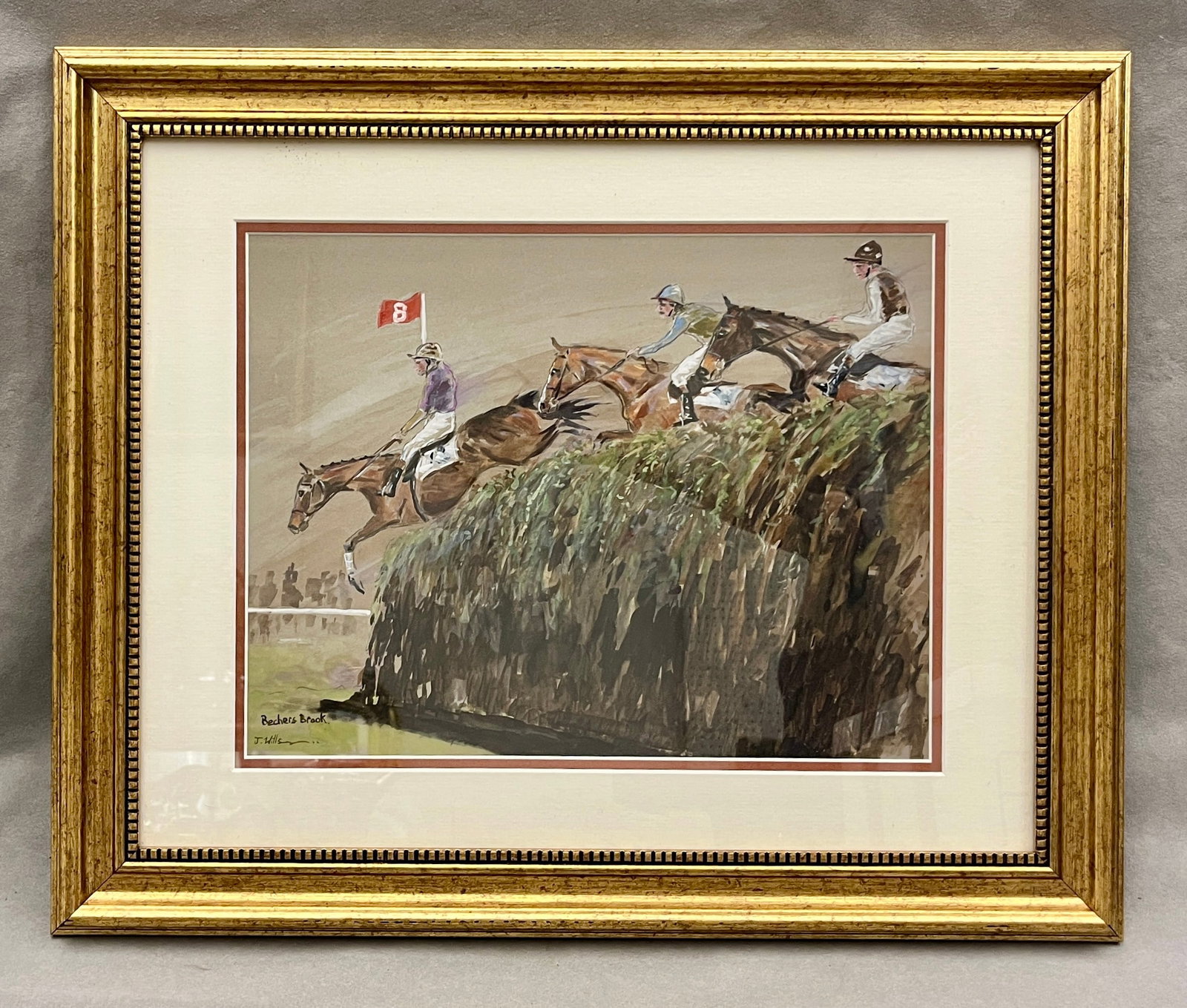 JANE WILLS (British, born 1963). Becher's Brook, Mixed media on paper (gouache and watercolor and/or: JANE WILLS British, born 1963 Becher's Brook Mixed media on paper (gouache and watercolor and/or pastel) Steeplechase painting depicts three racehorses and jockeys dramatically clearing a large, dense