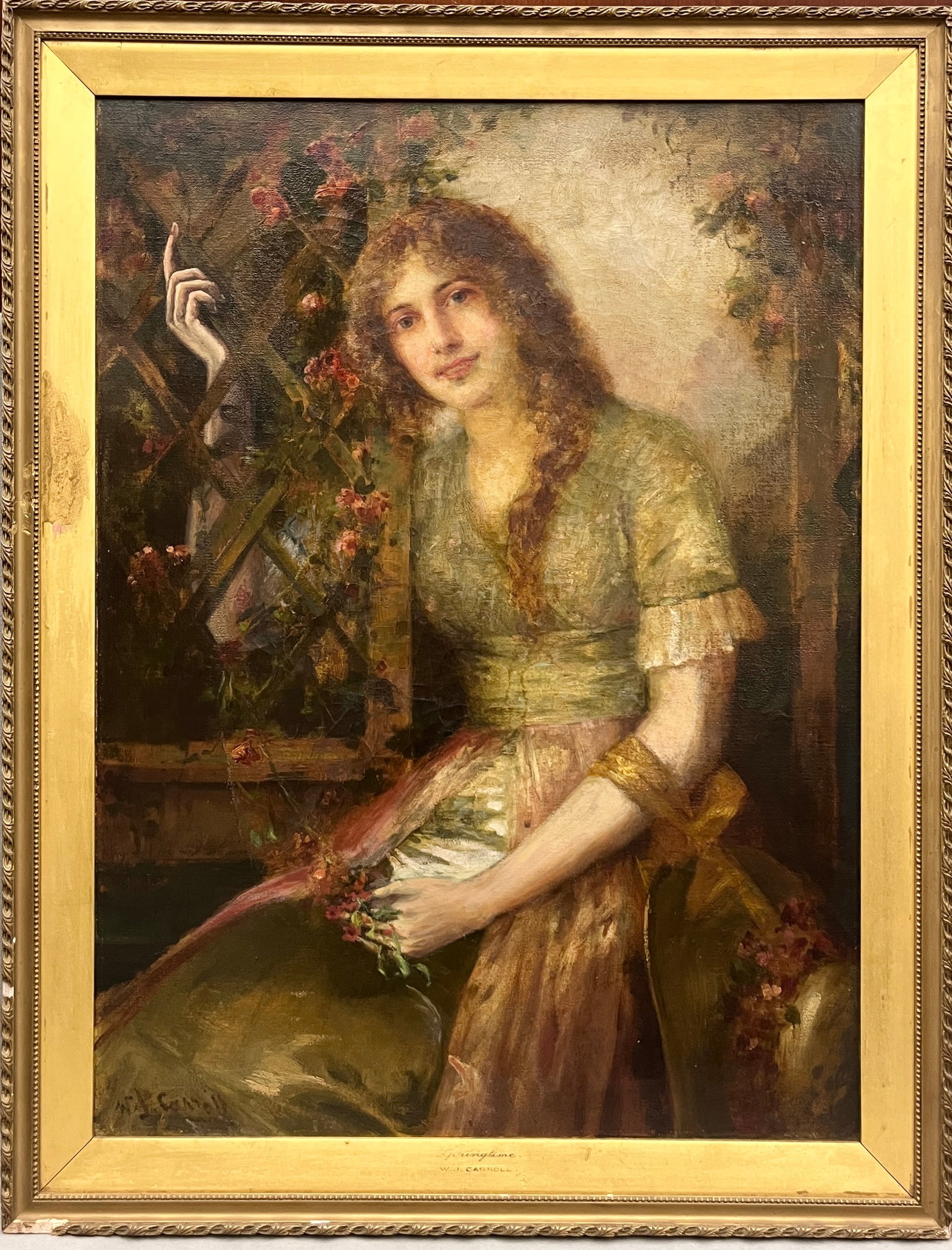 WILLIAM JOSEPH CARROLL (British, 1842-1902). Springtime, Oil on canvas., 27 x 19 inches; frame: 31 x: WILLIAM JOSEPH CARROLL British, 1842-1902 Springtime Oil on canvas. Signed lower left. Portrait depicting a seated young woman with long auburn hair leaning against a rose-draped garden trellis. Frame