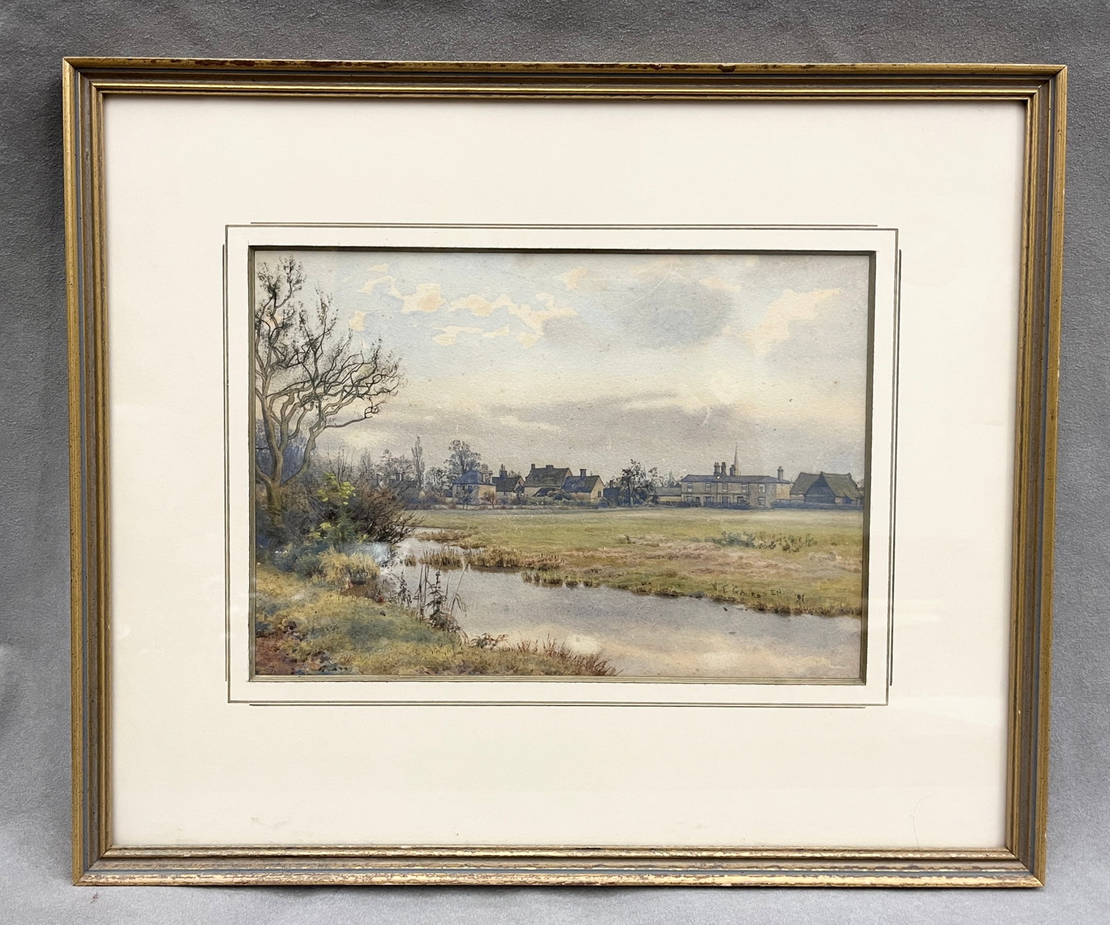 WILLIAM FRASER GARDEN (British, 1856-1921). Hemingford, Abbots, South Ives, Hunts, England, 1891,: WILLIAM FRASER GARDEN British, 1856-1921 Hemingford, Abbots, South Ives, Hunts, England, 1891 Watercolor Signed and dated lower right. Watercolor landscape depicting a tranquil river scene in Hemingfo