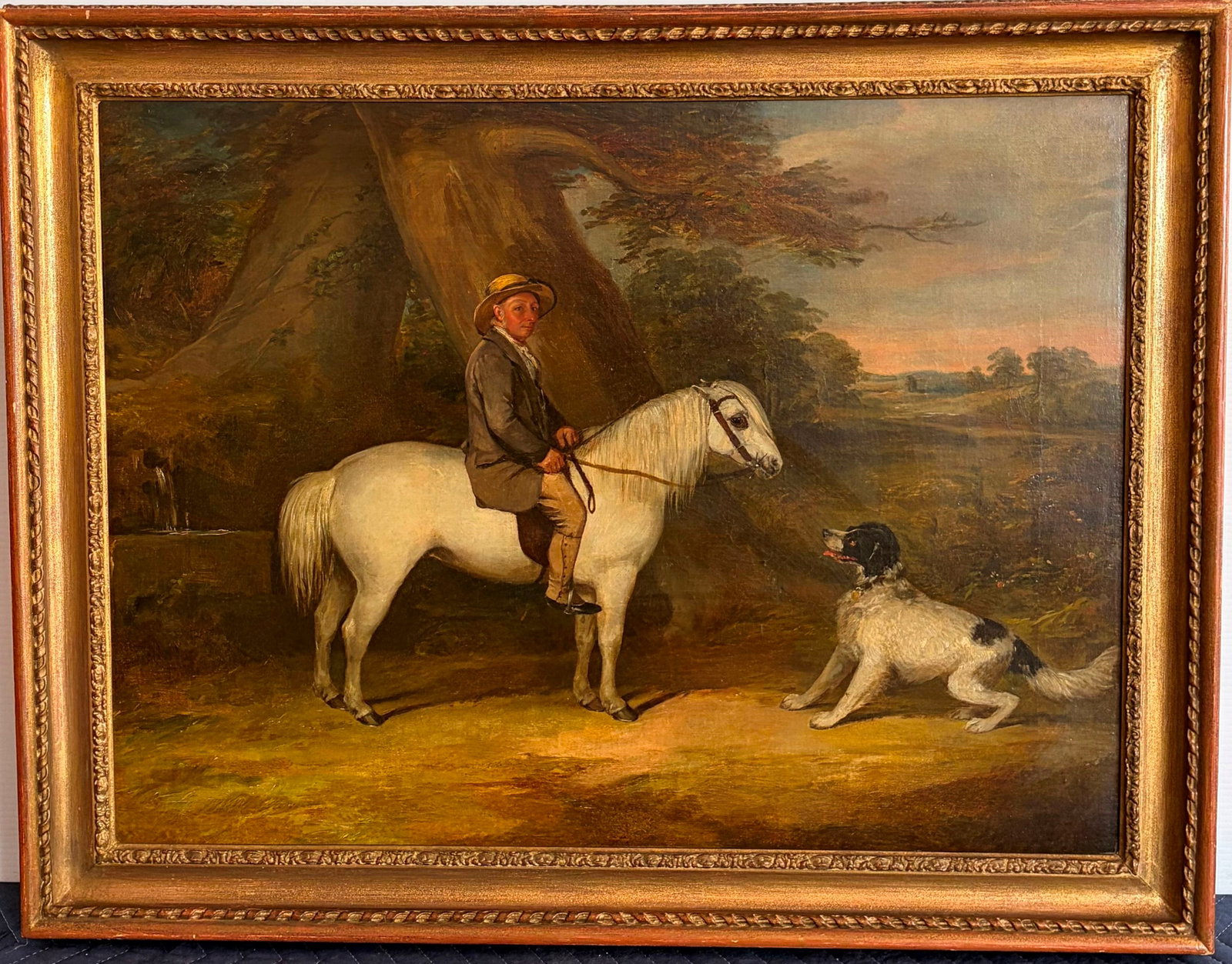 ENGLISH SCHOOL (19th century). Portrait of Mr. J. Baylis on "Birthday" and his dog "Rush" 1852, 20 x: ENGLISH SCHOOL 19th century Portrait of Mr. J. Baylis on "Birthday" and his dog "Rush" 1852 Artwork depicts a boy in a straw hat and grey coat seated on a grey pony named "Birthday," reining the anima