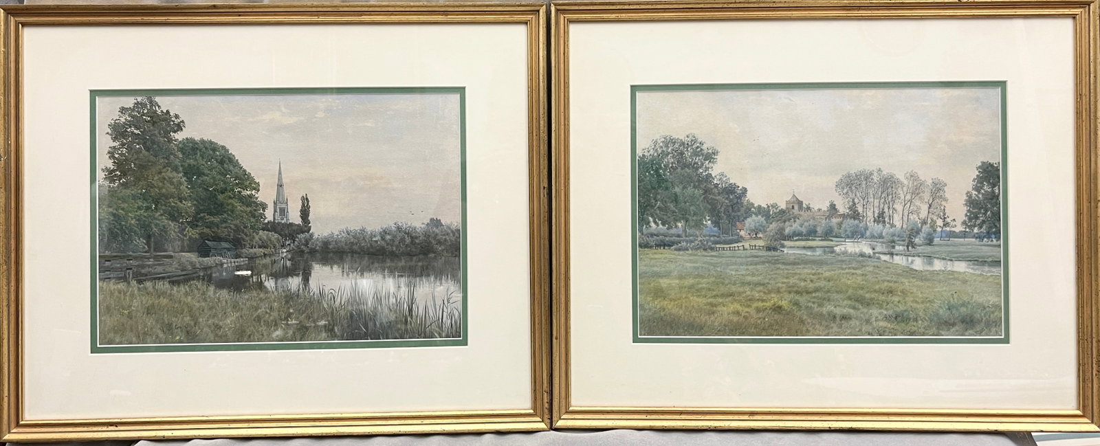 WILLIAM FRASER GARDEN (British, 1856-1921). Pair of English River Landscapes with Village Churches,: WILLIAM FRASER GARDEN British, 1856-1921 Pair of English River Landscapes with Village Churches, 1894 Watercolor on paper A pair of 1894 watercolor landscapes depicting pastoral river scenes with chur