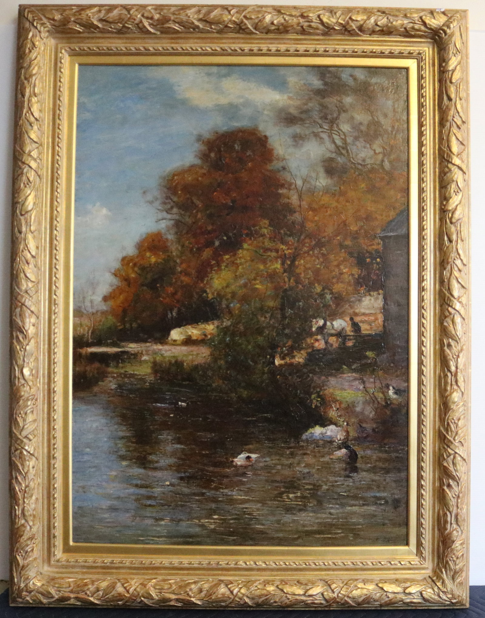 JOSHUA ANDERSON HAGUE (British, 1850?1916). Autumn Pond with Ducks, Oil on canvas, 40 x 27 inches;: JOSHUA ANDERSON HAGUE British, 1850?1916 Autumn Pond with Ducks Oil on canvas Late 19th-century oil painting depicting an autumnal farm pond scene, with ducks swimming in dark, reflective water beneat