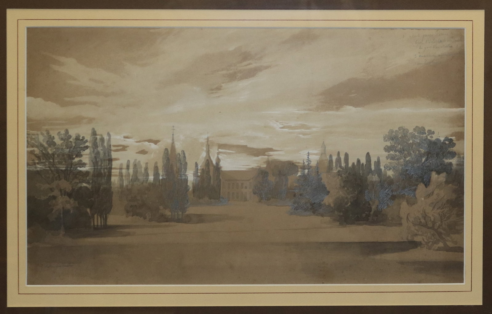 CONTINENTAL SCHOOL (early 20th century). Chateau and Park at Twilight, Preparatory wash and ink: CONTINENTAL SCHOOL early 20th century Chateau and Park at Twilight Preparatory wash and ink study Sepia-toned drawing depicting a chateau framed by rows of tall cypress and deciduous trees beneath a c