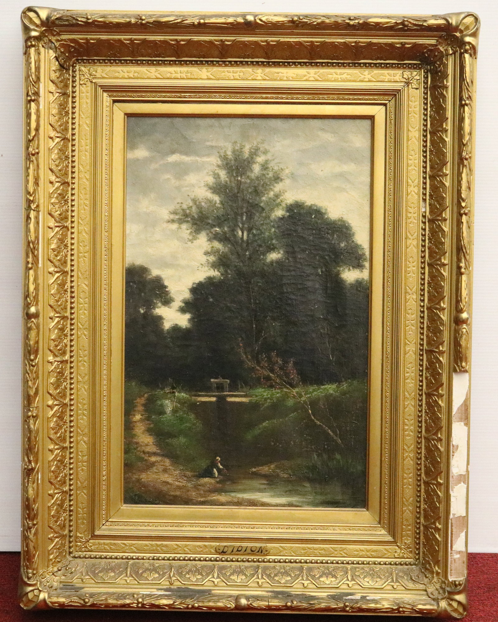 CONTINENTAL SCHOOL (19th century). The Canal Lock with Figure, Oil on canvas, 23 x 14 inches; frame: (1 of 13)