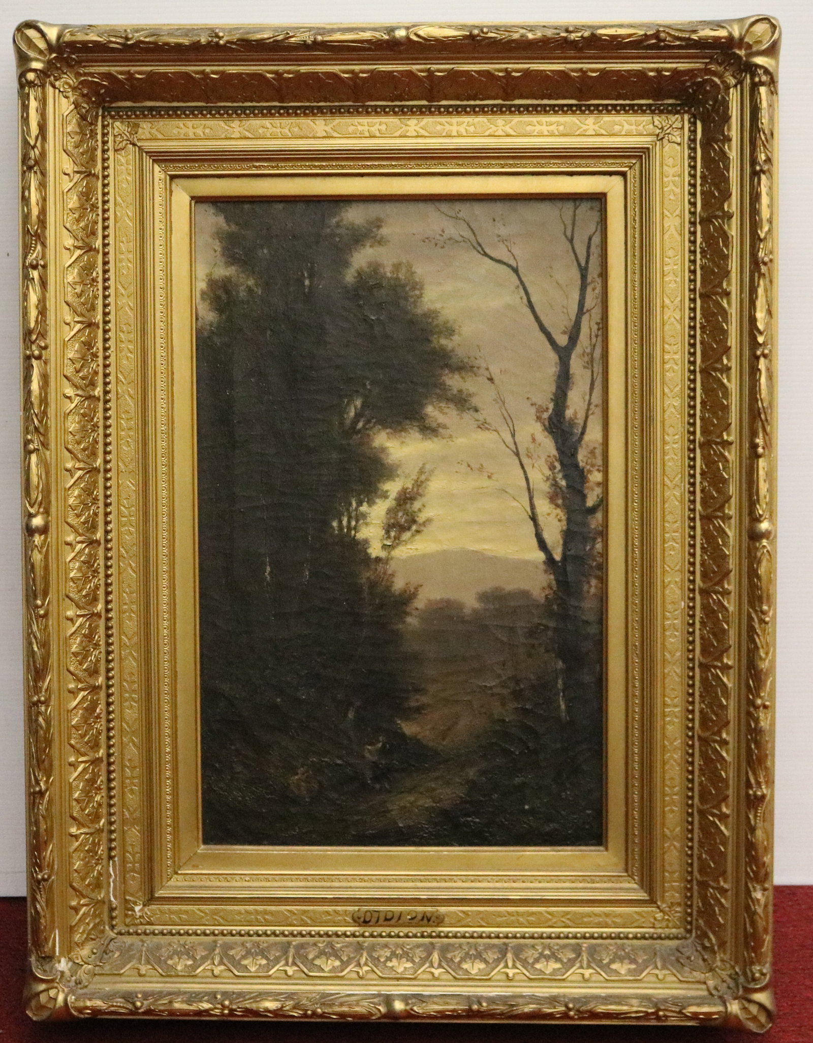 CONTINENTAL SCHOOL (19th Century). Barbizon Landscape with Distant Hills, Oil on canvas, 23 x 14: CONTINENTAL SCHOOL 19th Century Barbizon Landscape with Distant Hills Oil on canvas Unsigned. Barbizon-style aesthetic painting with rich tonal depth, this vertical landscape depicts a woodland path f