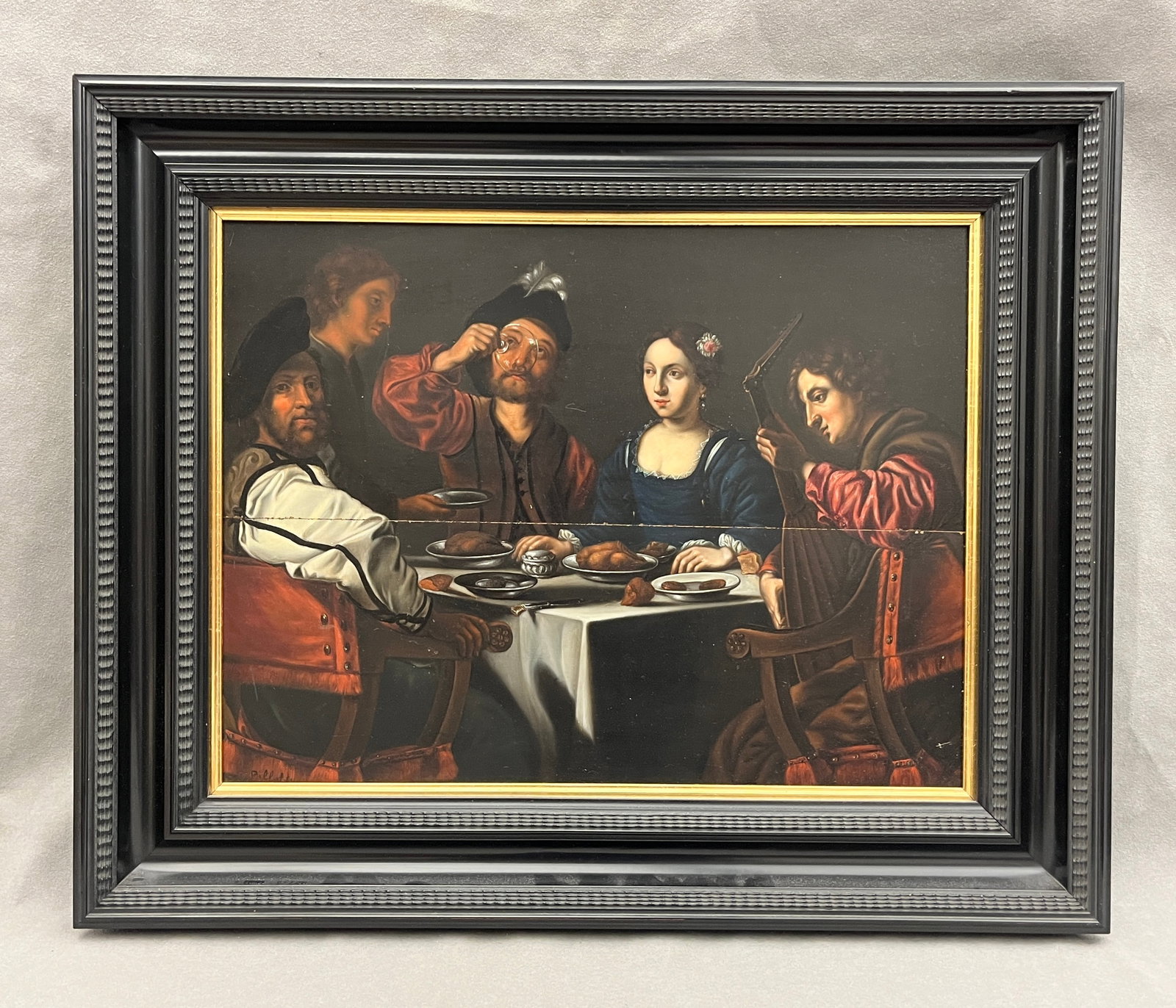 CONTINENTAL SCHOOL (19th century or earlier). The Merry Company at Table, Oil on board, 13.5 x 17.75: CONTINENTAL SCHOOL 19th century or earlier The Merry Company at Table Oil on board Indecipherable signature lower left. Dark-toned Baroque-style painting of a banquet scene depicting five elegantly dr