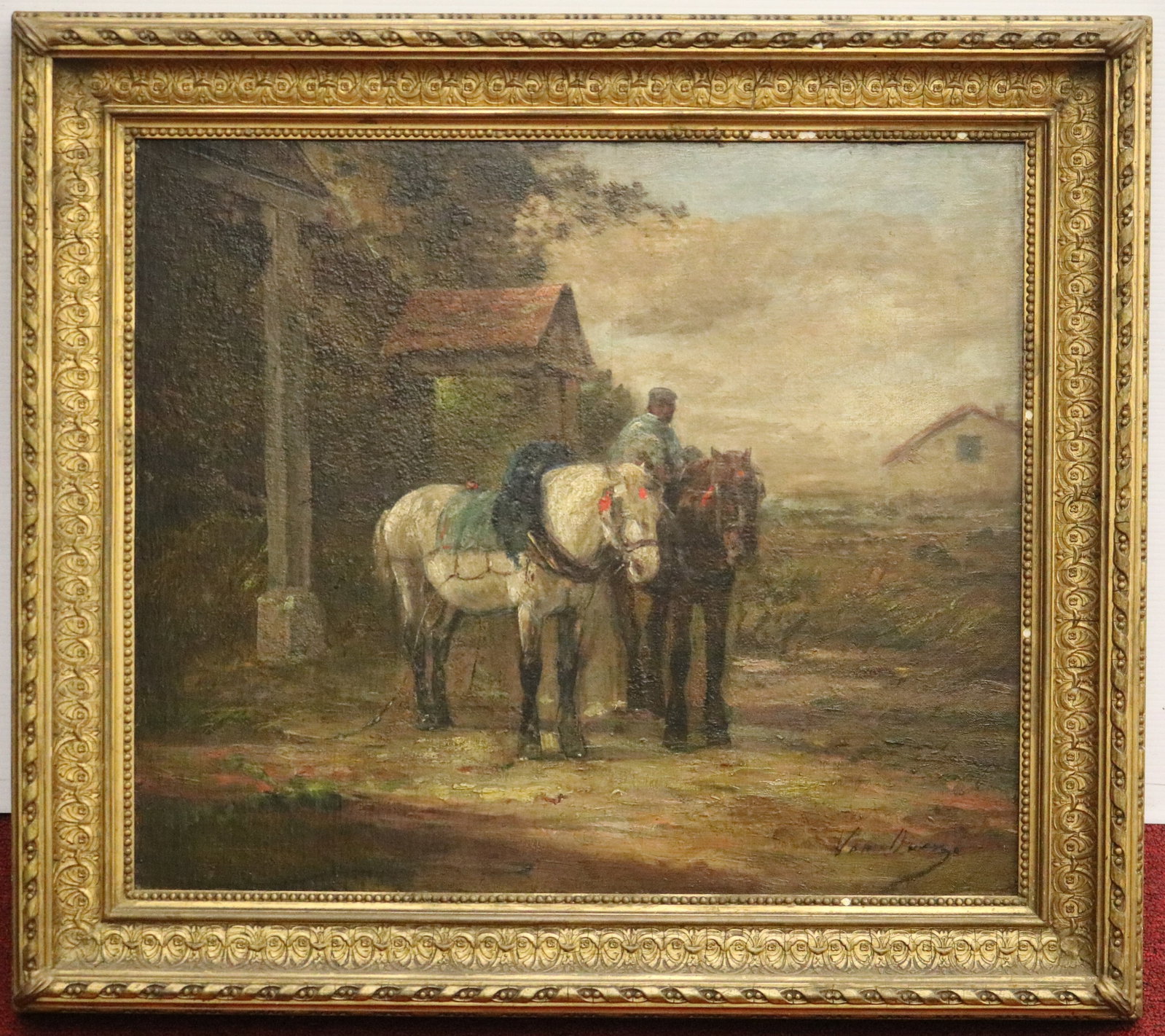 CONTINENTAL SCHOOL (19th century). Pastoral Scene with Mounted Figure and Horses, Oil on canvas, 18: CONTINENTAL SCHOOL 19th century Pastoral Scene with Mounted Figure and Horses Oil on canvas Indecipherable signature lower right. Pastoral painting depicts a rider mounted on a dark horse standing bes