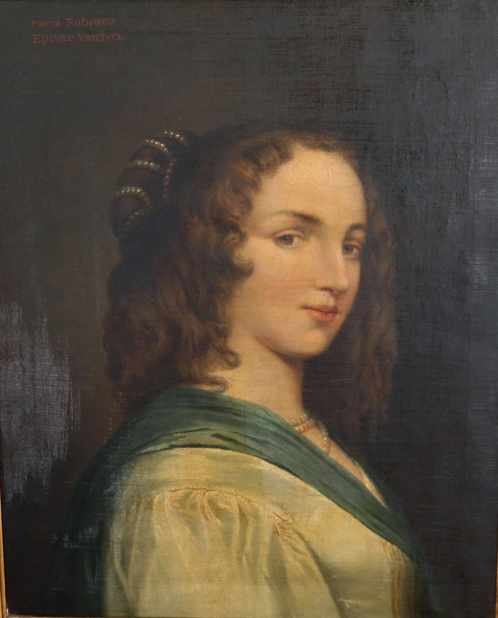 DUTCH SCHOOL (18th / 19th century). Maria Ruthwen, Epouse Vandyck; After Sir Anthony van Dyck, Oil: DUTCH SCHOOL 18th / 19th century Maria Ruthwen, Epouse Vandyck; After Sir Anthony van Dyck Oil on Canvas Portrait depicts a young woman with curling auburn hair, dressed in a green silk gown draped wi