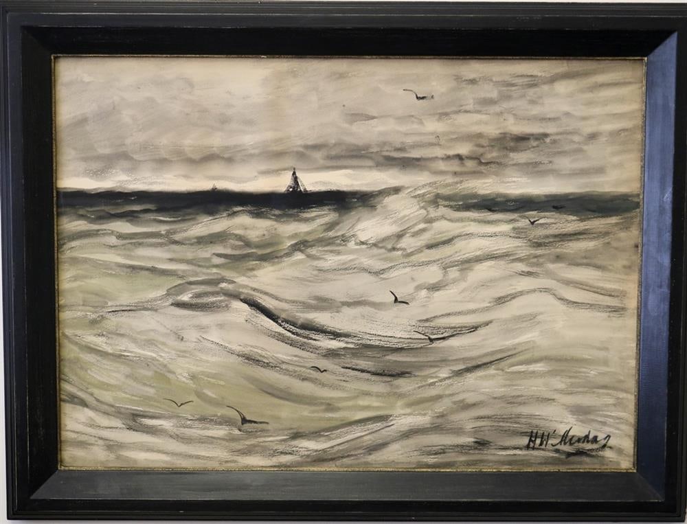 HENDRIK WILLEM MESDAG (Dutch, 1831-1915). Hooge Zee (High Sea), Charcoal and watercolour on paper,: HENDRIK WILLEM MESDAG Dutch, 1831-1915 Hooge Zee (High Sea) Charcoal and watercolour on paper Signed 'HW Mesdag' (lower right). Framed. Not examined out of frame. 20 X 28 inches; Frame: 26 x 34 inches