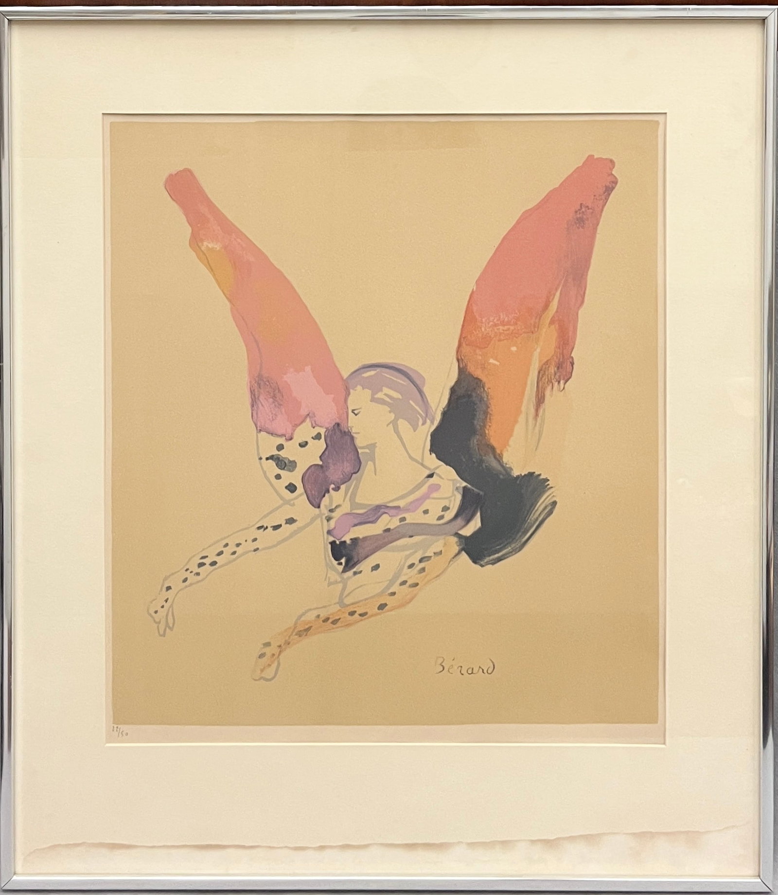 CHRISTIAN BERARD (French, 1902-1949). LEAPING HARLEQUIN FIGURE, Lithograph, Sight (as matted) 17 x: CHRISTIAN BERARD French, 1902-1949 LEAPING HARLEQUIN FIGURE Lithograph Plate signed lower right. A limited edition stylized lithograph depicting a leaping figure in polka-dot harlequin costume with ou