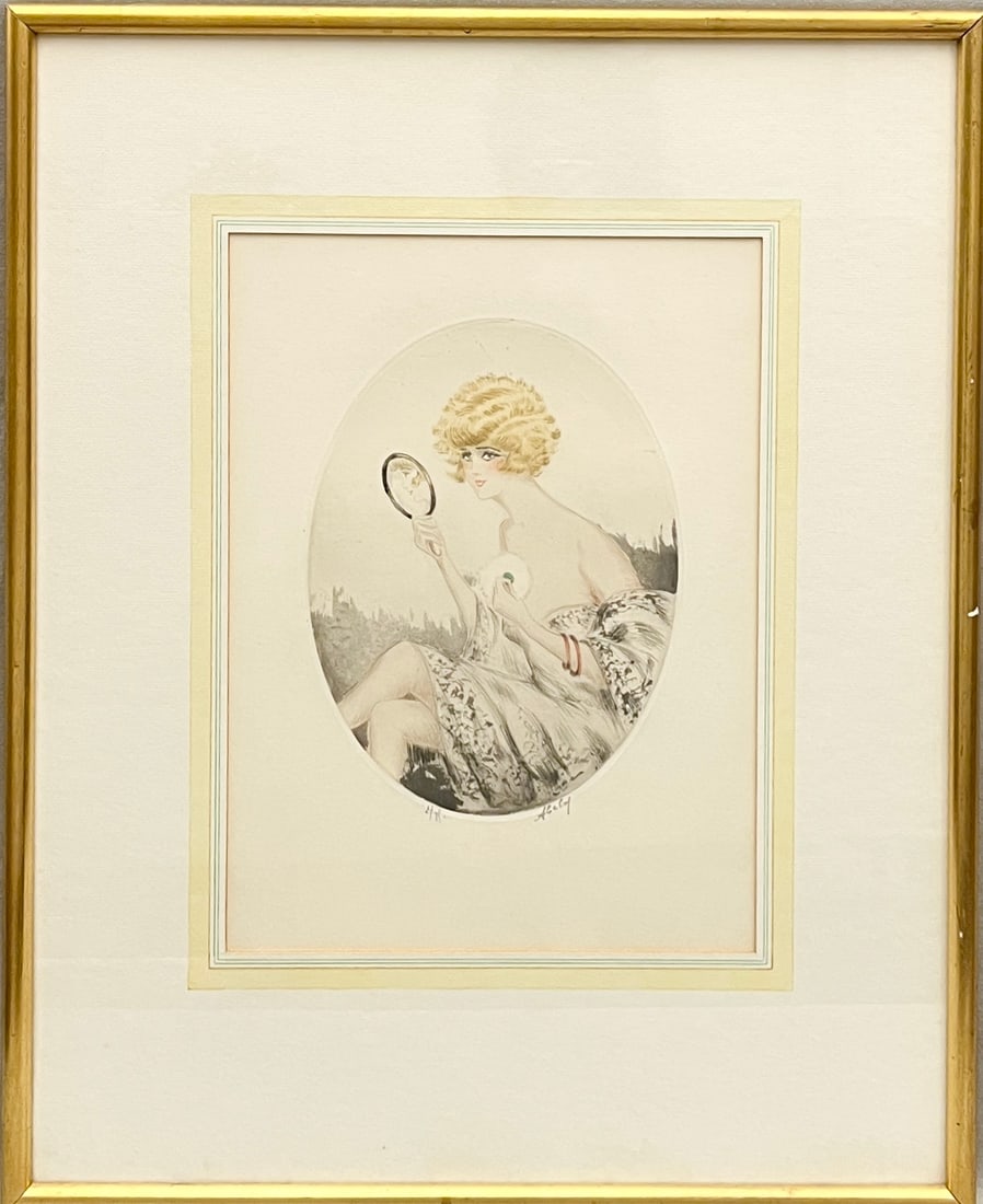 FRENCH SCHOOL (early 20th century). The Mirror, etching, 13.5 x 10 inches; frame: 22 x 18 inches: FRENCH SCHOOL early 20th century The Mirror etching Art Deco likely hand-colored etching depicting a fashionable young woman with bobbed blonde hair seated in an oval vignette, gazing at her reflectio