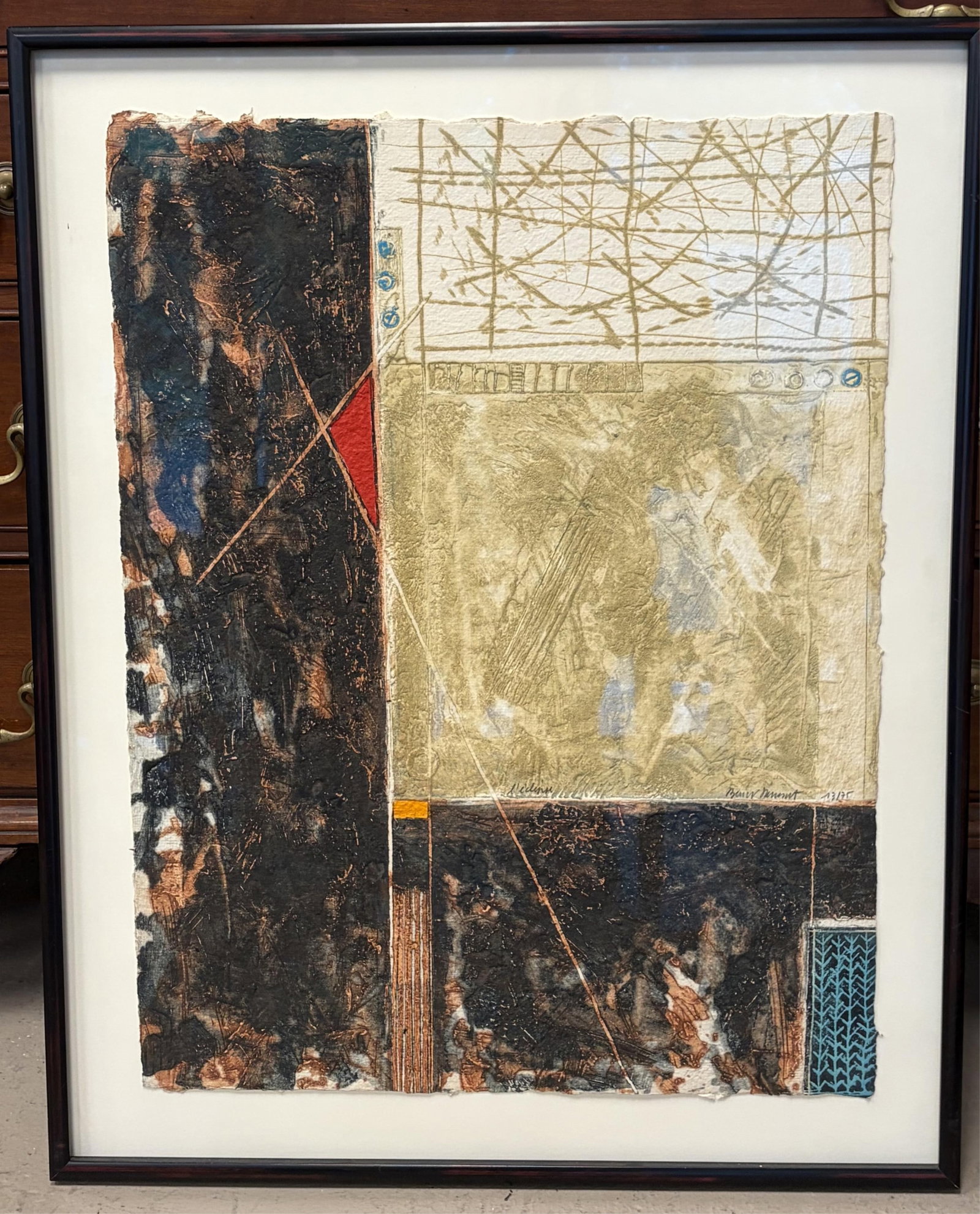 BERNARD REMUSAT (French, born 1953). L'?clipse, textured lithograph, artwork: 26 x 20 in; frame: 31: BERNARD REMUSAT French, born 1953 L'?clipse textured lithograph Limited edition artwork numbered 13 of an edition of 75. Pencil titled, numbered and signed. Framed. Not examined out of frame. artwork: