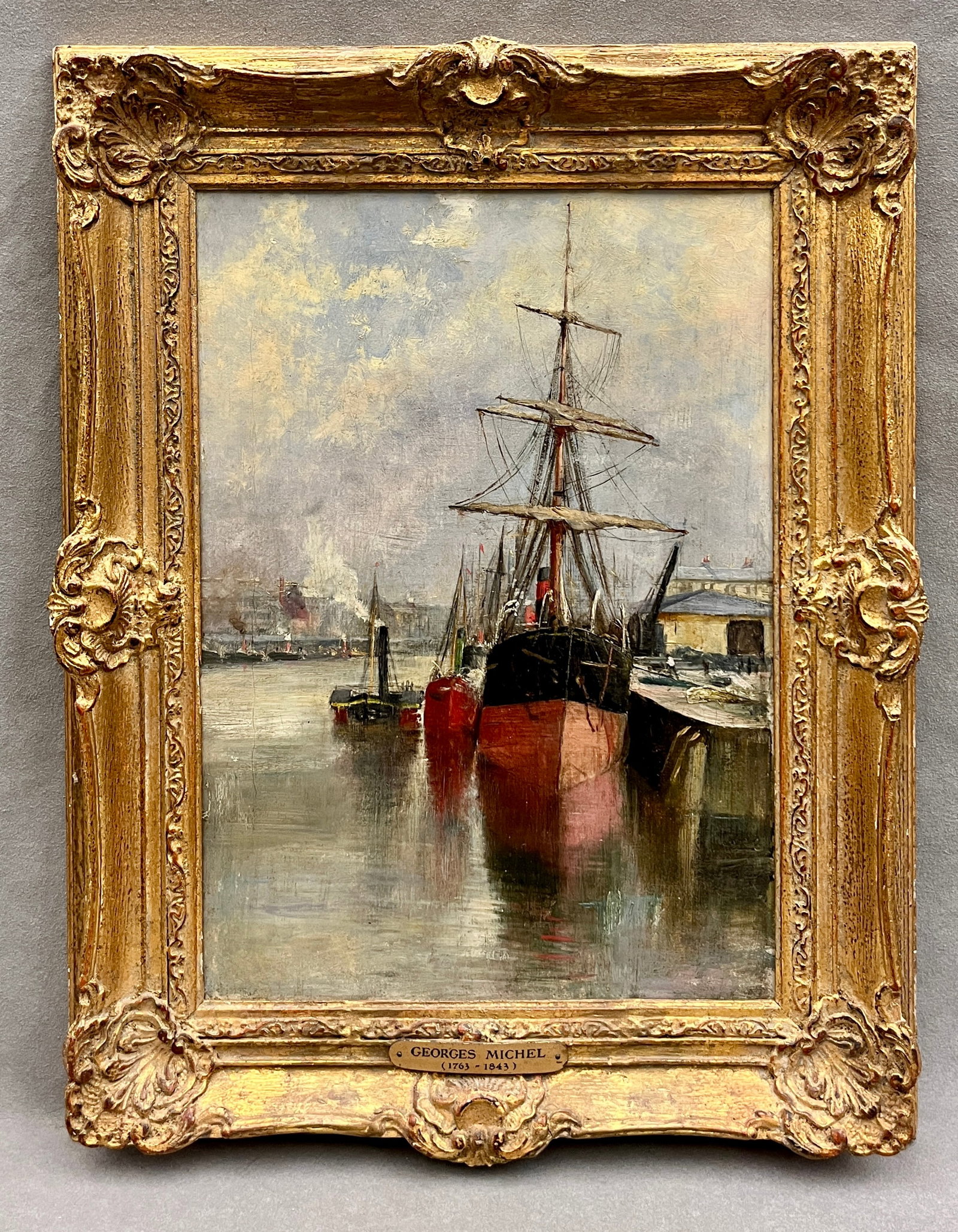 GEORGE MICHELS (ATTRIBUTED) (French, 1763-1843). Harbor Scene with Moore Ships, Oil on canvas, 13.5 (1 of 6)