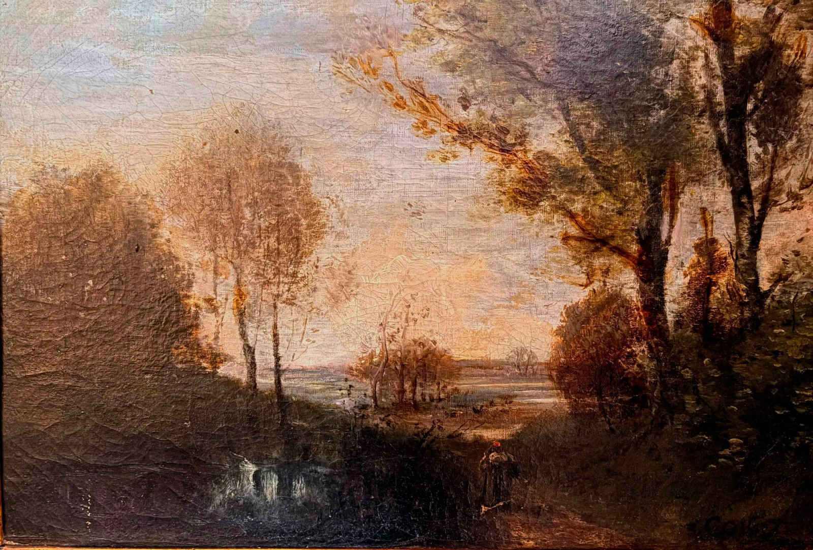 FRENCH SCHOOL (19th century). Wooded Pond at Dusk, signed COROT, Oil in canvas, 11 x 16 inches; (1 of 14)