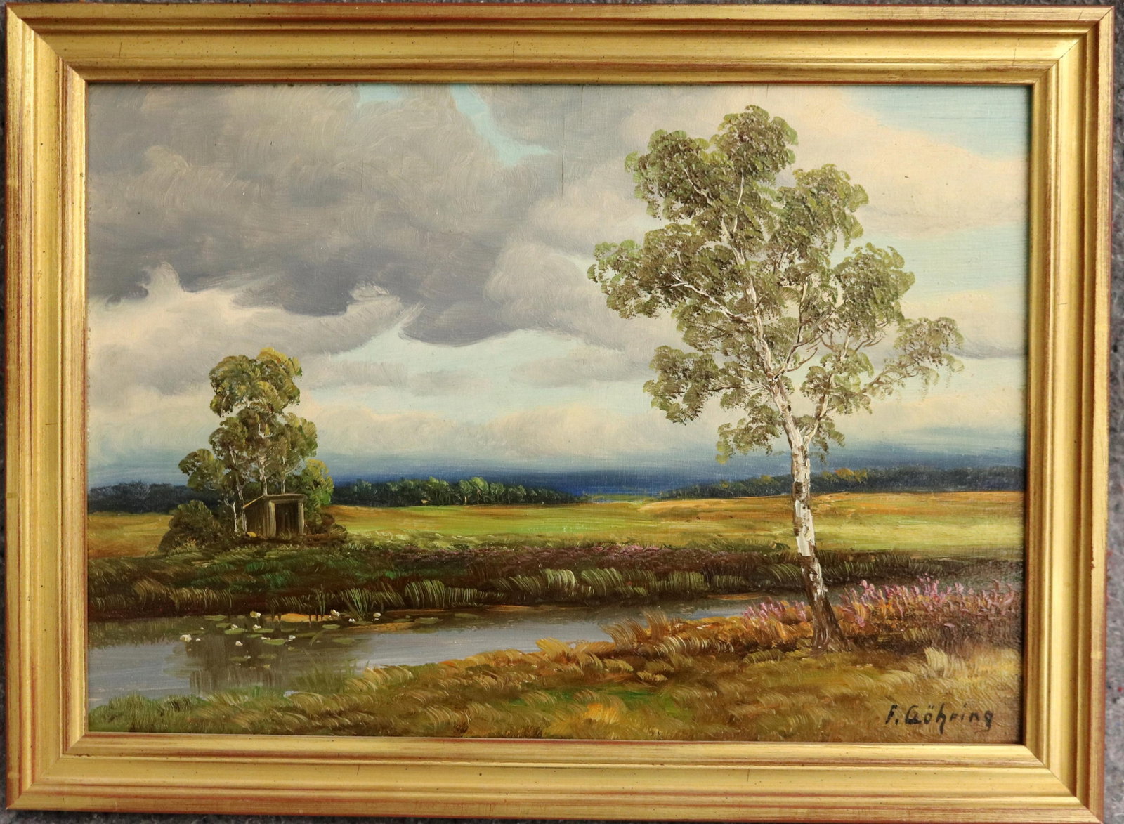 GERMAN SCHOOL (early 20th century). Heathland Pond with Birch and Approaching Storm, Oil on board, 9: GERMAN SCHOOL early 20th century Heathland Pond with Birch and Approaching Storm Oil on board Oil on canvas by the Northern continental artist "F. Gohring" which depicts a sweeping moorland scene, wit