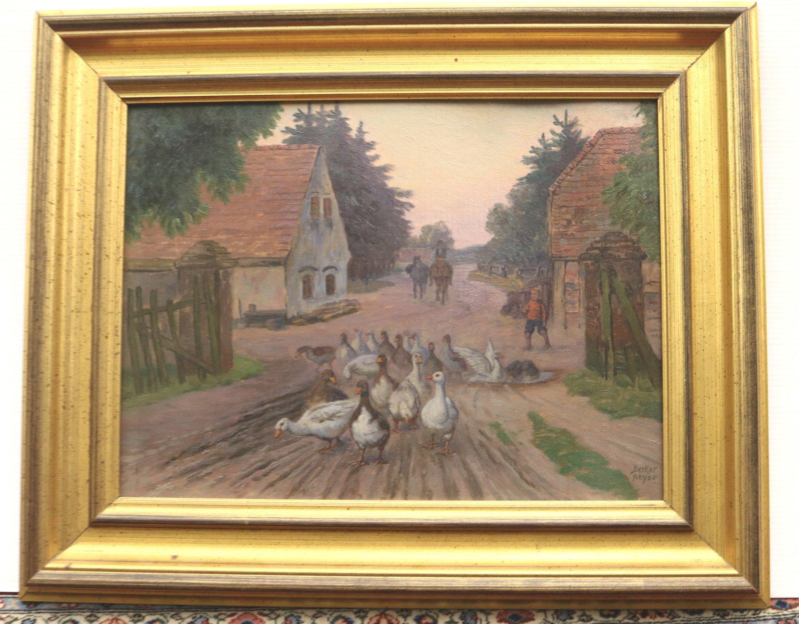RUDOLF ALBERT BECKER-HEYER (German, 1862-1930). Geese on the Village Road, Oil on board., 14 x 18.5: RUDOLF ALBERT BECKER-HEYER German, 1862-1930 Geese on the Village Road Oil on board. Signed lower right. Rendered in an impressionistic style with warm pastel tones, this pastoral scene depicts a floc