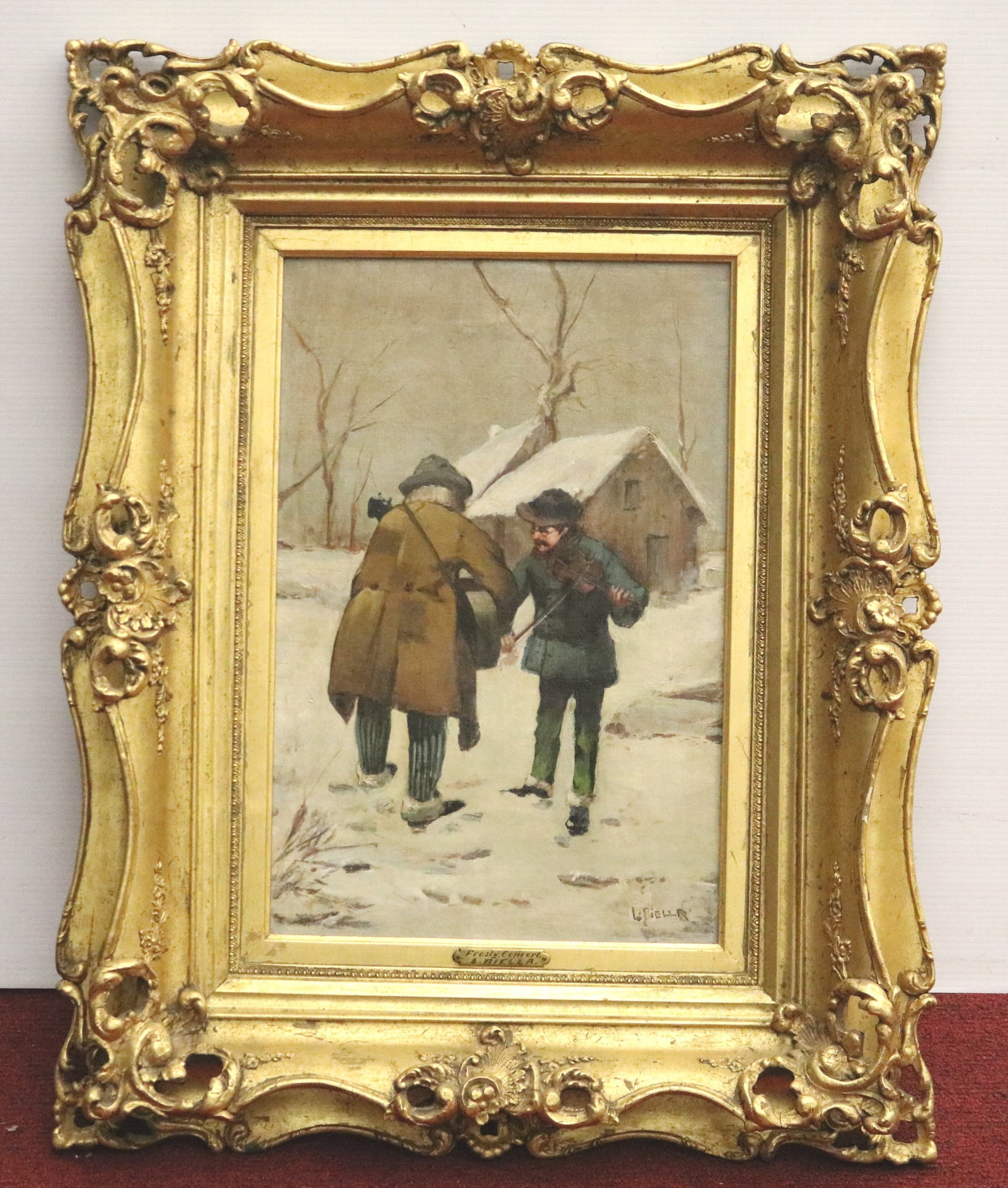 ITALIAN SCHOOL (19th century). Frosty Concert, Oil on canvas, 18 x 12 inches; frame: 28 x 23 inches: ITALIAN SCHOOL 19th century Frosty Concert Oil on canvas Signed "L. BIELLA" lower right hand corner. Winter scene that depicts two musicians walking along a snow-covered path past a rustic cottage, wi