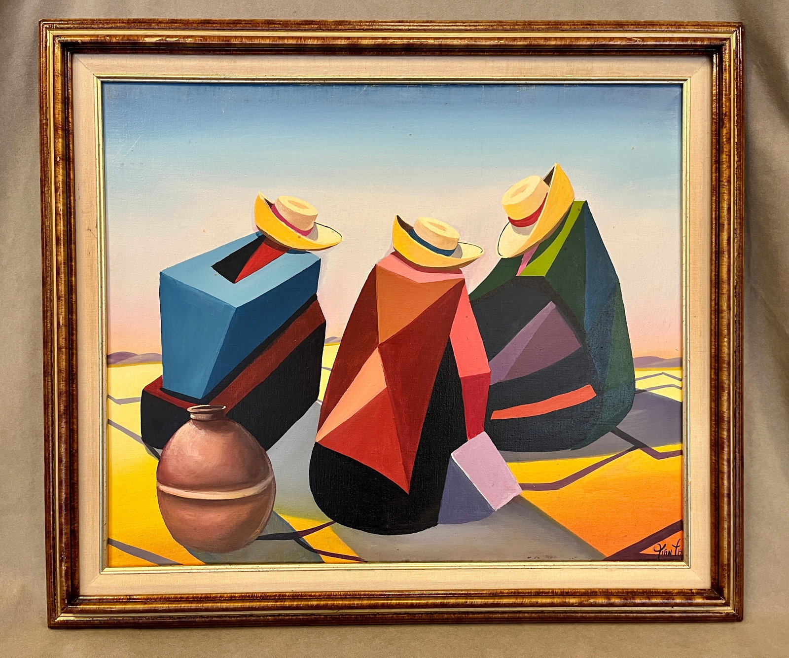 ECUADOREAN SCHOOL (20th century). Three Figures in Straw Hats, Acrylic on canvas, 20 x 24 inches;: ECUADOREAN SCHOOL 20th century Three Figures in Straw Hats Acrylic on canvas A cubist/surrealist-influenced painting depicting three faceless, geometrically abstracted figures in straw hats and colorf