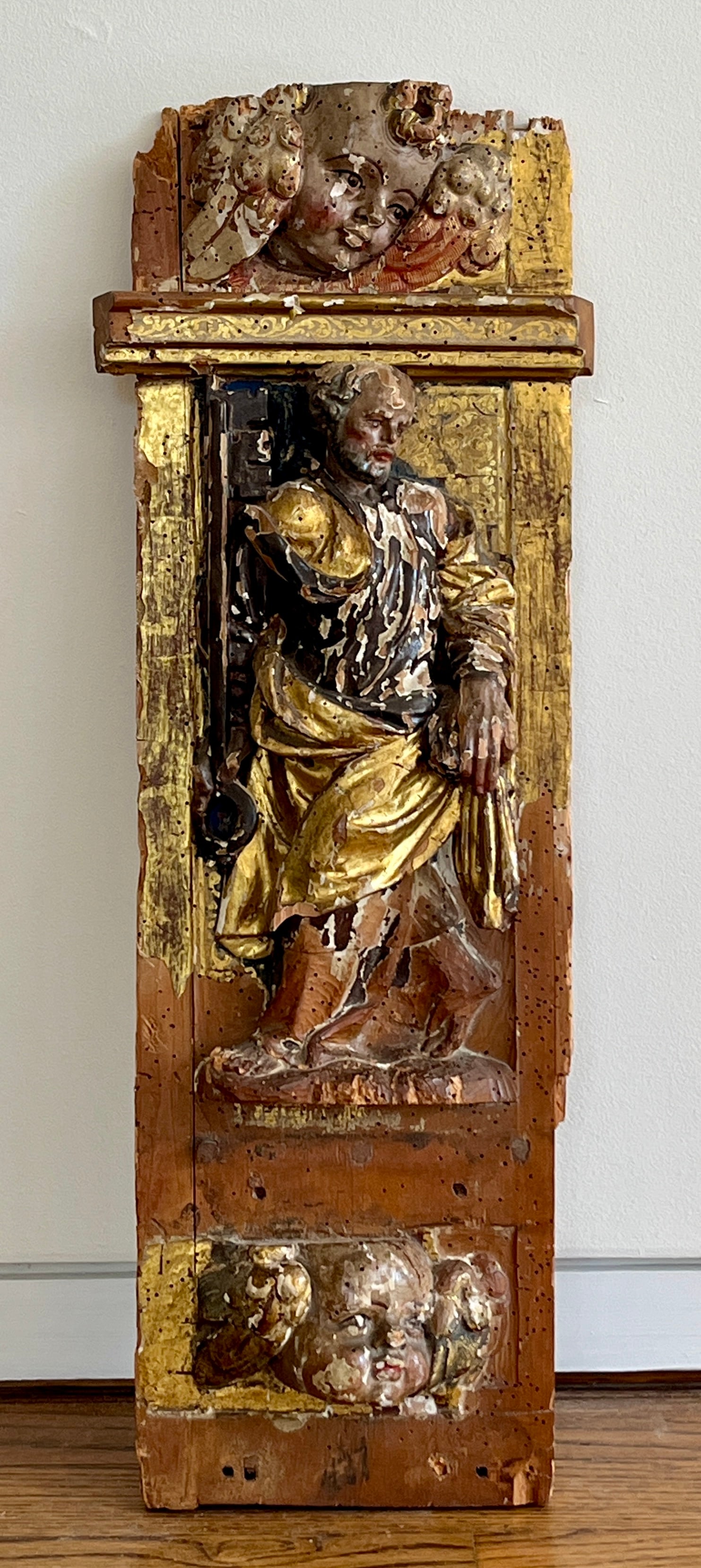 POLYCHROMED AND PARCEL-GILT ALTARPIECE FRAGMENT WITH FIGURE OF SAINT PETER - 27 x 9.5 inches. (1 of 9)