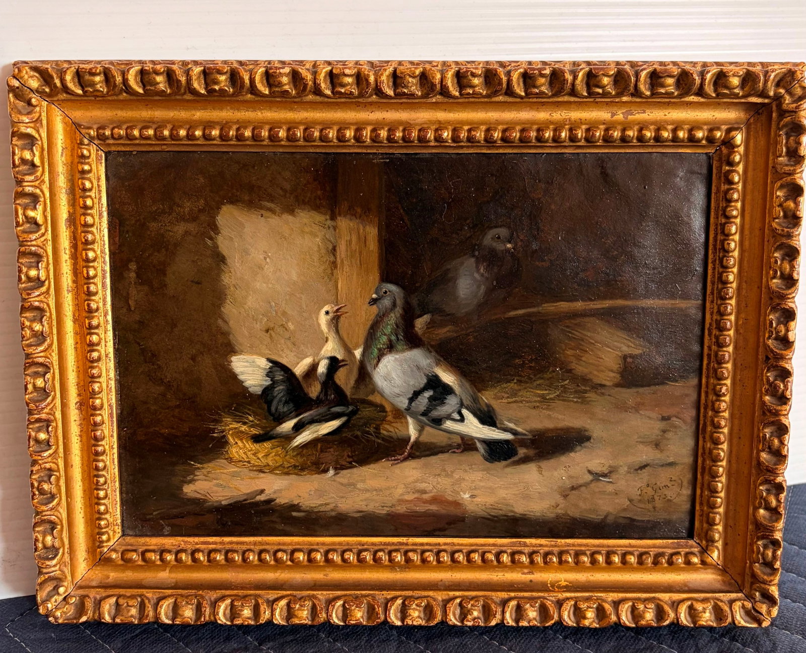 FEDERICO FERNANDEZ Y GIMENEZ (Spanish, 1841 - 1931). Pigeons Protecting Their Young, 1873, oil on: FEDERICO FERNANDEZ Y GIMENEZ Spanish, 1841 - 1931 Pigeons Protecting Their Young, 1873 oil on copper Artwork signed and dated "F. Gim _z / 1873" depicts a protective pigeon standing guard over two dow