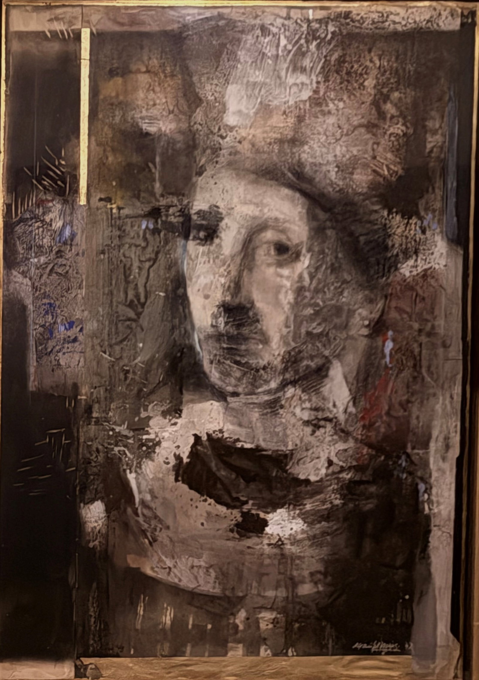 ALIRIO PALACIOS (Venezuelan, 1938-2015). A Haunting Face Emerging from Darkness, 1998, Mixed media: ALIRIO PALACIOS Venezuelan, 1938-2015 A Haunting Face Emerging from Darkness, 1998 Mixed media on board Signed and dated lower right. Contemporary mixed-media portrait rendered in heavily textured, ex
