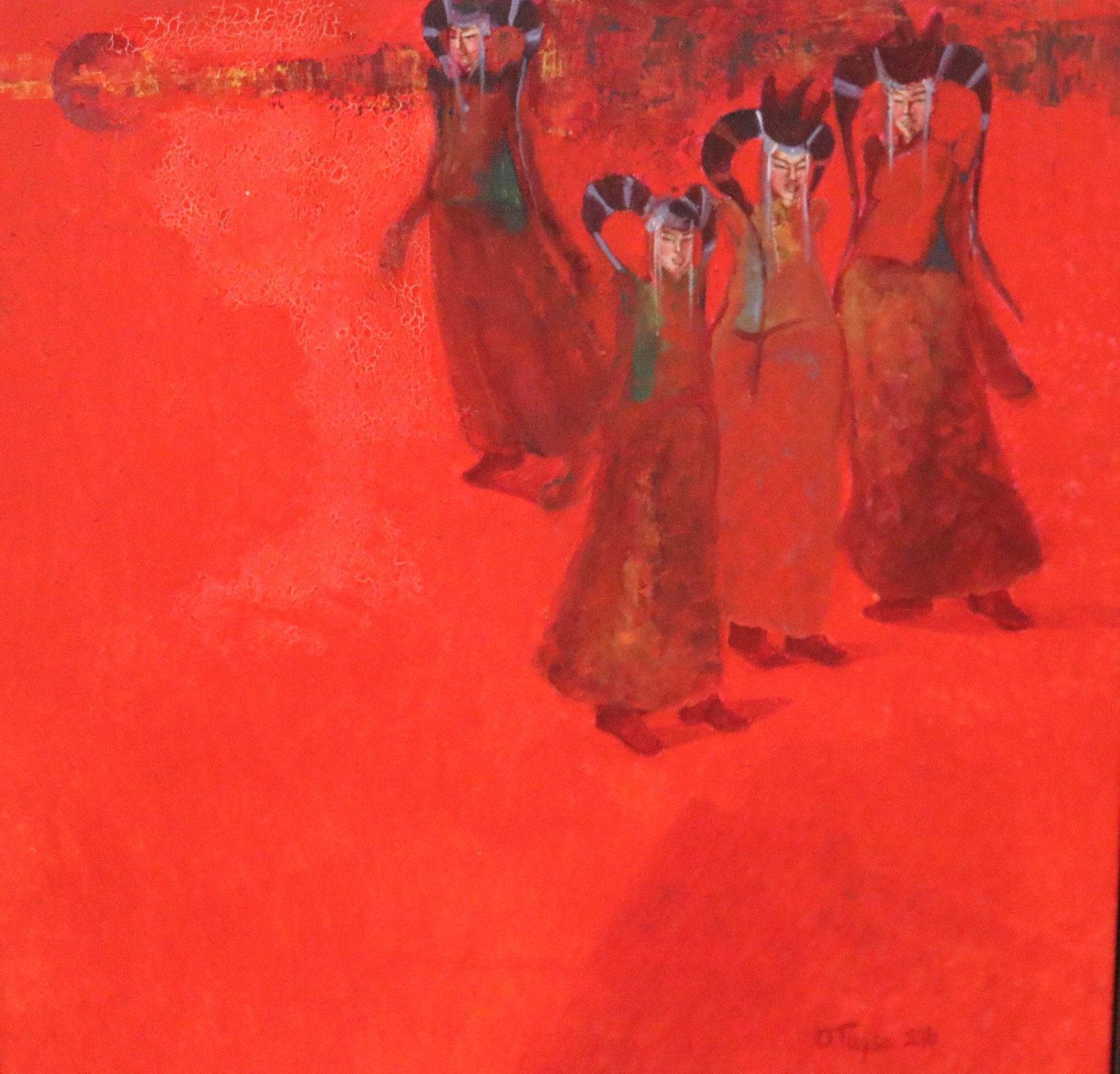 OTGONTUGS DONDOVDORJ (Mongolian, born 1982). Ladies and Gentleman, 2010, Oil on canvas, 19.25 x: OTGONTUGS DONDOVDORJ Mongolian, born 1982 Ladies and Gentleman, 2010 Oil on canvas Signed and dated lower right. Rendered in a striking contemporary style dominated by an intense monochrome crimson fi