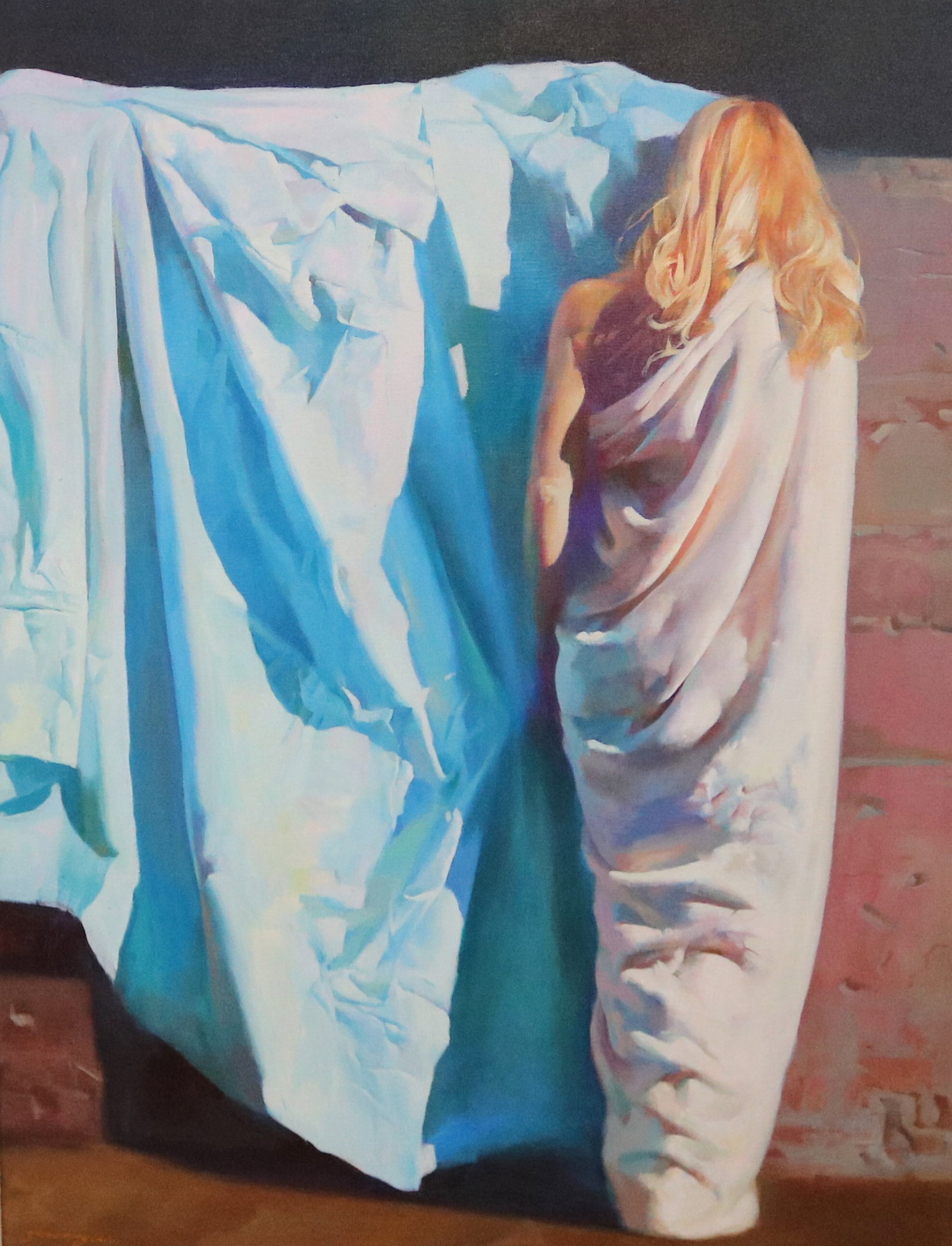 ZHAOMING WU (Chinese-American, born 1955). Blue Illusion, Oil on canvas, Sight: 39" x 29 1/4".: ZHAOMING WU Chinese-American, born 1955 Blue Illusion Oil on canvas Signed at the lower left, this contemporary oil painting presents a blonde female figure draped in white fabric viewed from behind, 