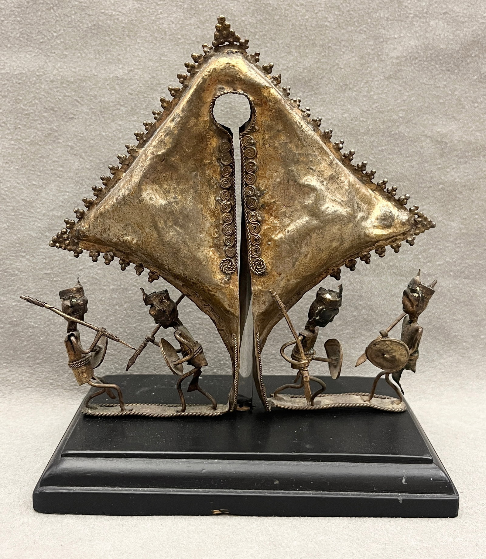 INDONESIAN SILVERED METAL SUMBA MAMSA / MAMULI MOTIF SCULPTURE ON WOODEN BASE - Height (including (1 of 6)