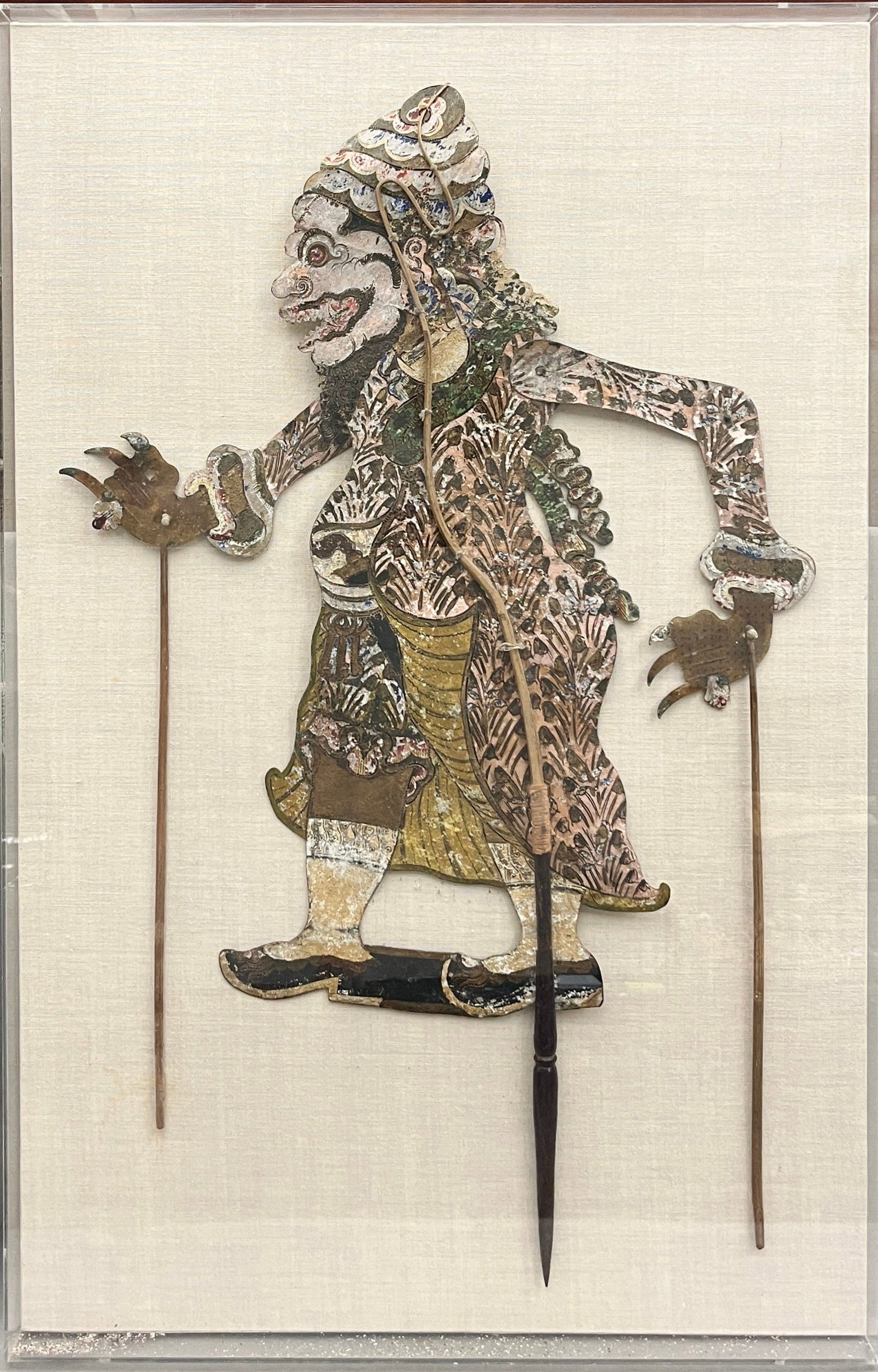 JAVANESE WAYANG KULIT SHADOW PUPPET, GIANT/RAKSASA FIGURE - shadow box frame: 36 x 24 x 2 inches. (1 of 6)